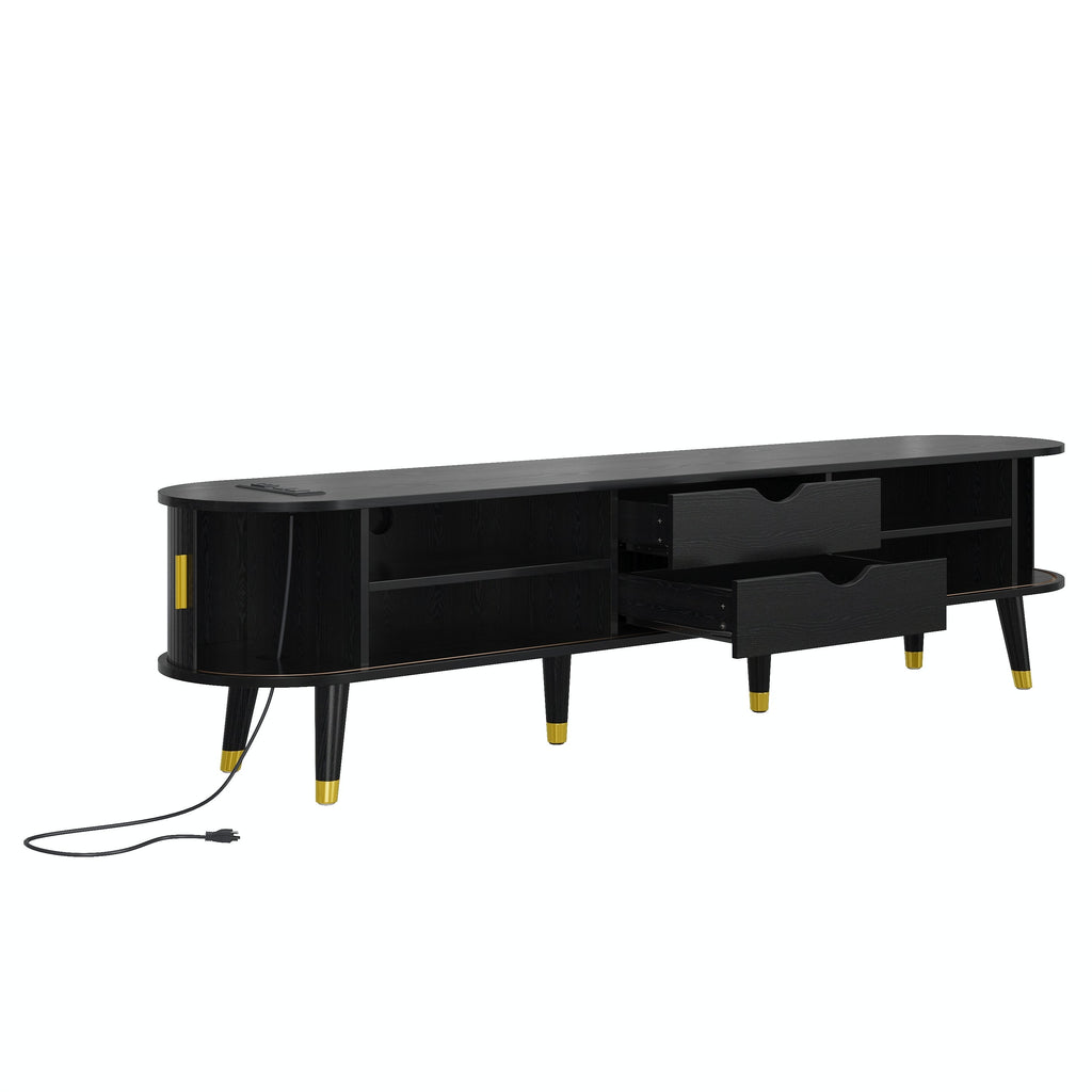 Wooden Oval Fluted TV Stand with Charging Station for TV up to 80', Mid-Century Media Console with Sliding Tambour Door, Farmhouse TV Cabinet with Golden Handle for Living Room, Black