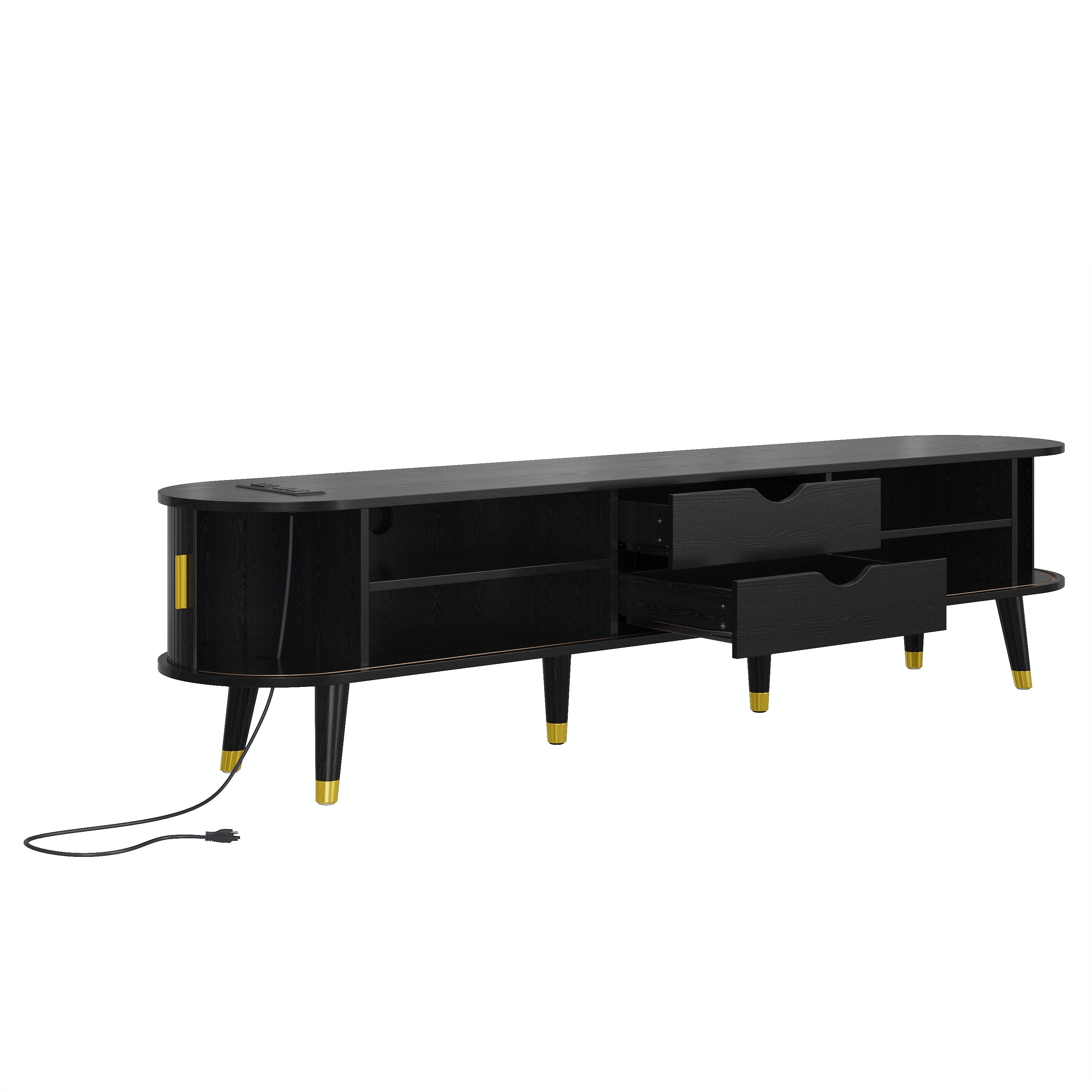 Wooden Farmhouse TV Stand & Coffee Table Set with Charging Station, Oval Fluted Media Console with Sliding Doors for TVs up to 80', Mid-Century Center Table with Solid Wood Legs for Living Room,Black