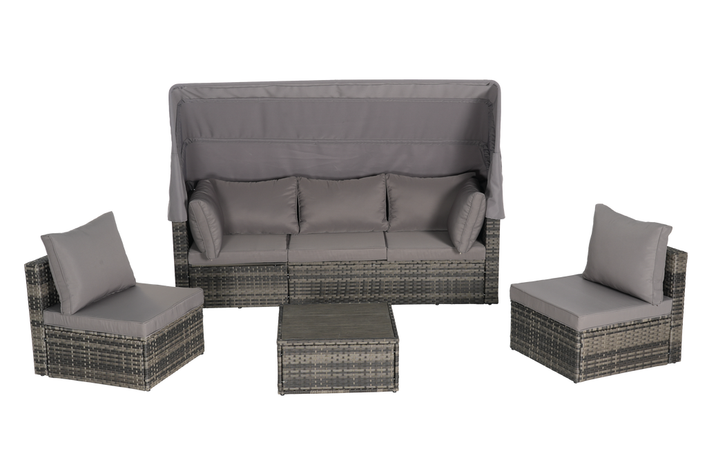 5 Pieces Outdoor Patio Wicker Daybed Furniture Set with Retractable Canopy, Storable Side Table, and Soft Cushions for Relaxing in Your Backyard or Porch