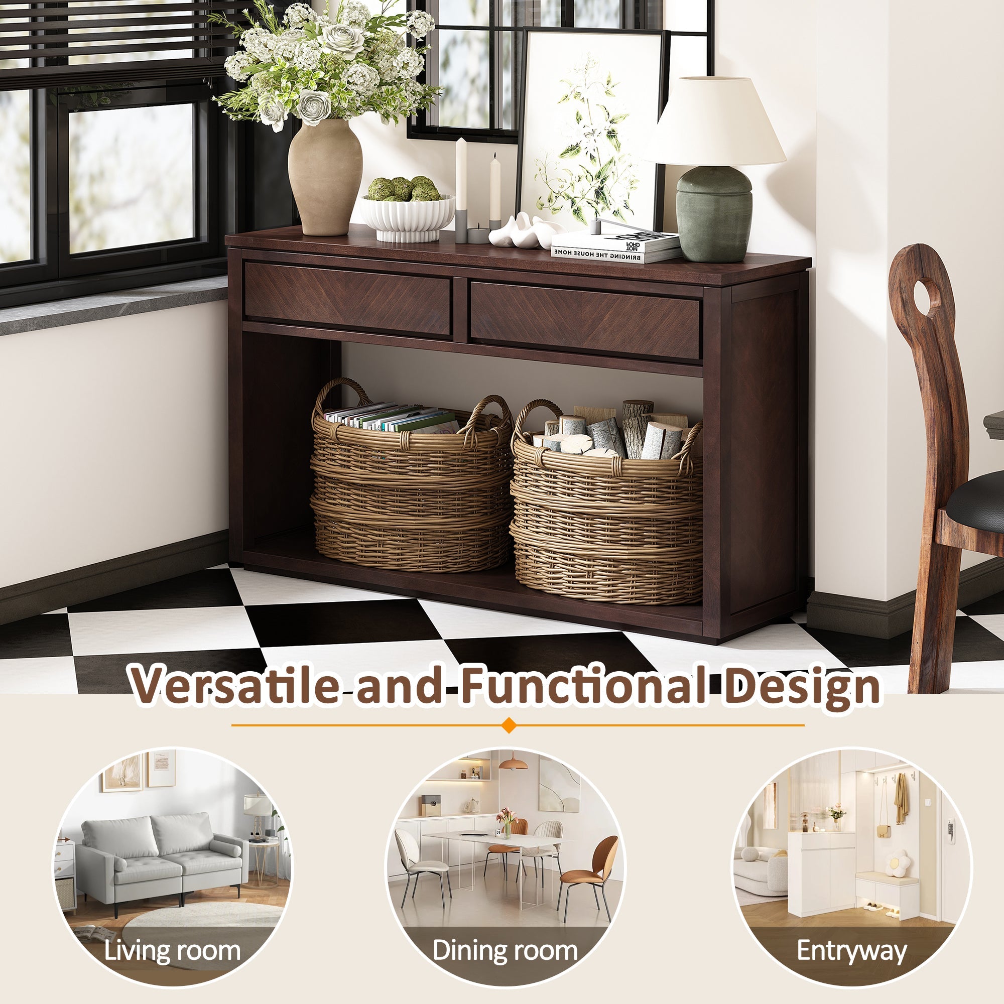 TREXM 55' Console Table, Rustic Wooden Entryway Table with Storage Drawers and Open Shelf, Elegant Sofa Table for Hallway and Living Room (Espresso)