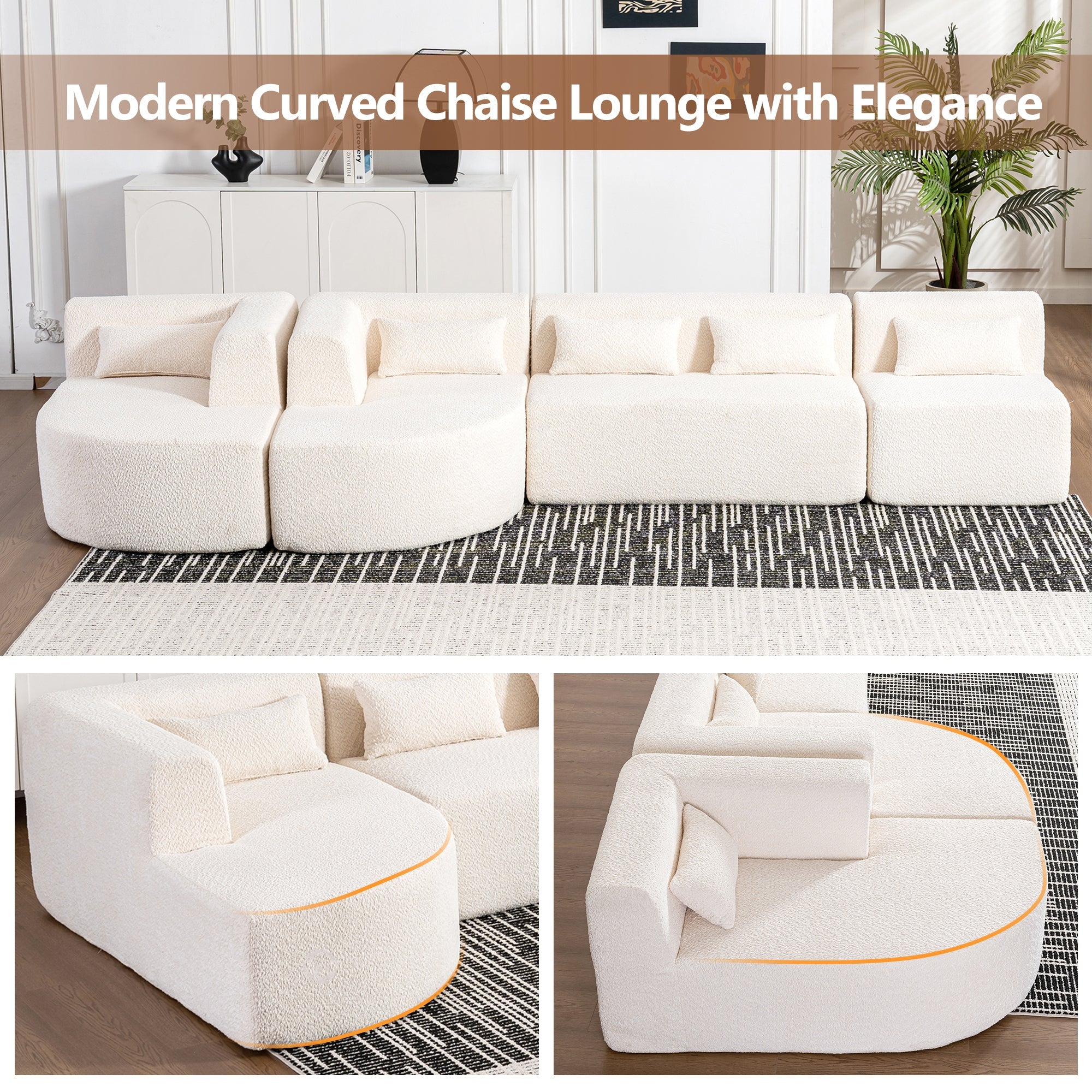 144' Upholstered Sofa Free-combined Sofa Couch with Two Chaise Lounge and Five Back Pillows for Living Room(Old SKU: N719S001600A), Beige