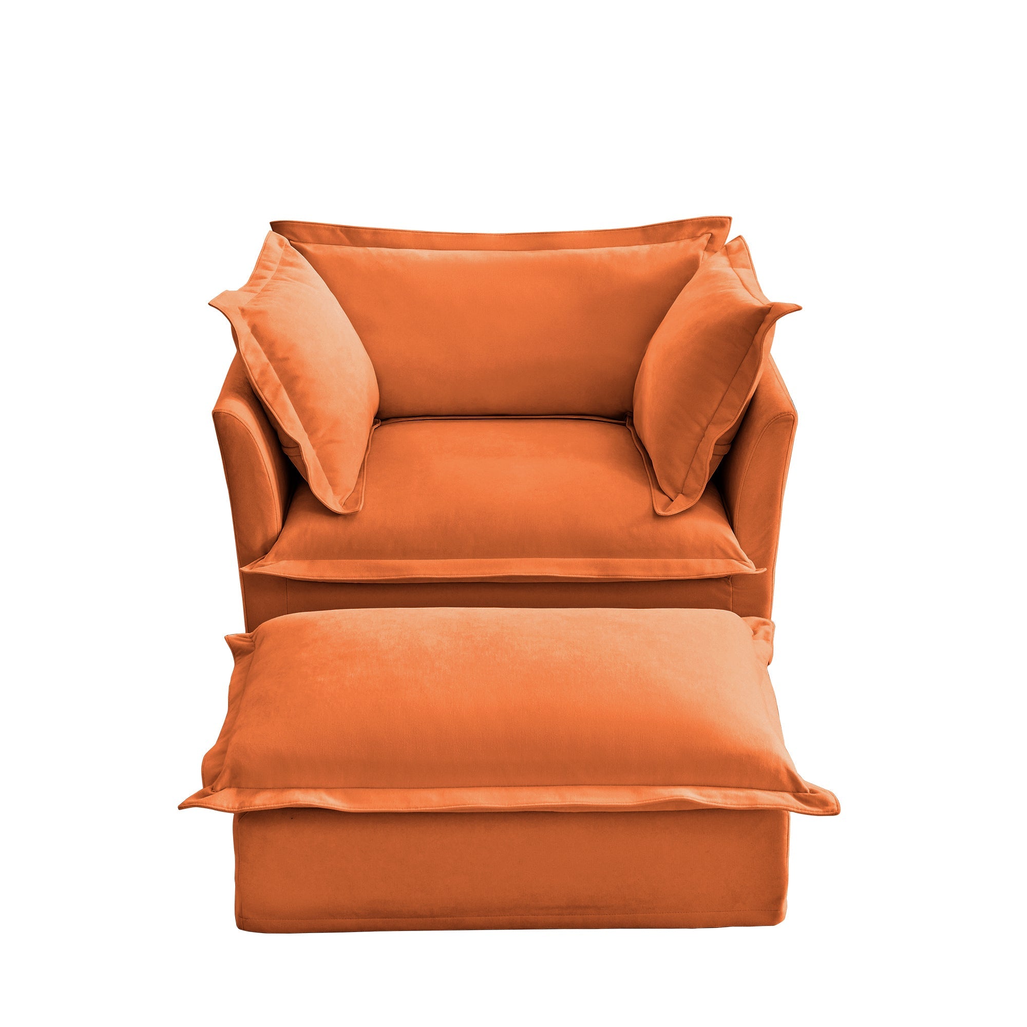 Upholstered Slipcovered Armchair with Ottoman,  Deep Seat Armchair W/ Wide Ottoman for Living Room, Armchair Sets with Large Soft Pillows(Set of 2),Chenille Fabric,Orange