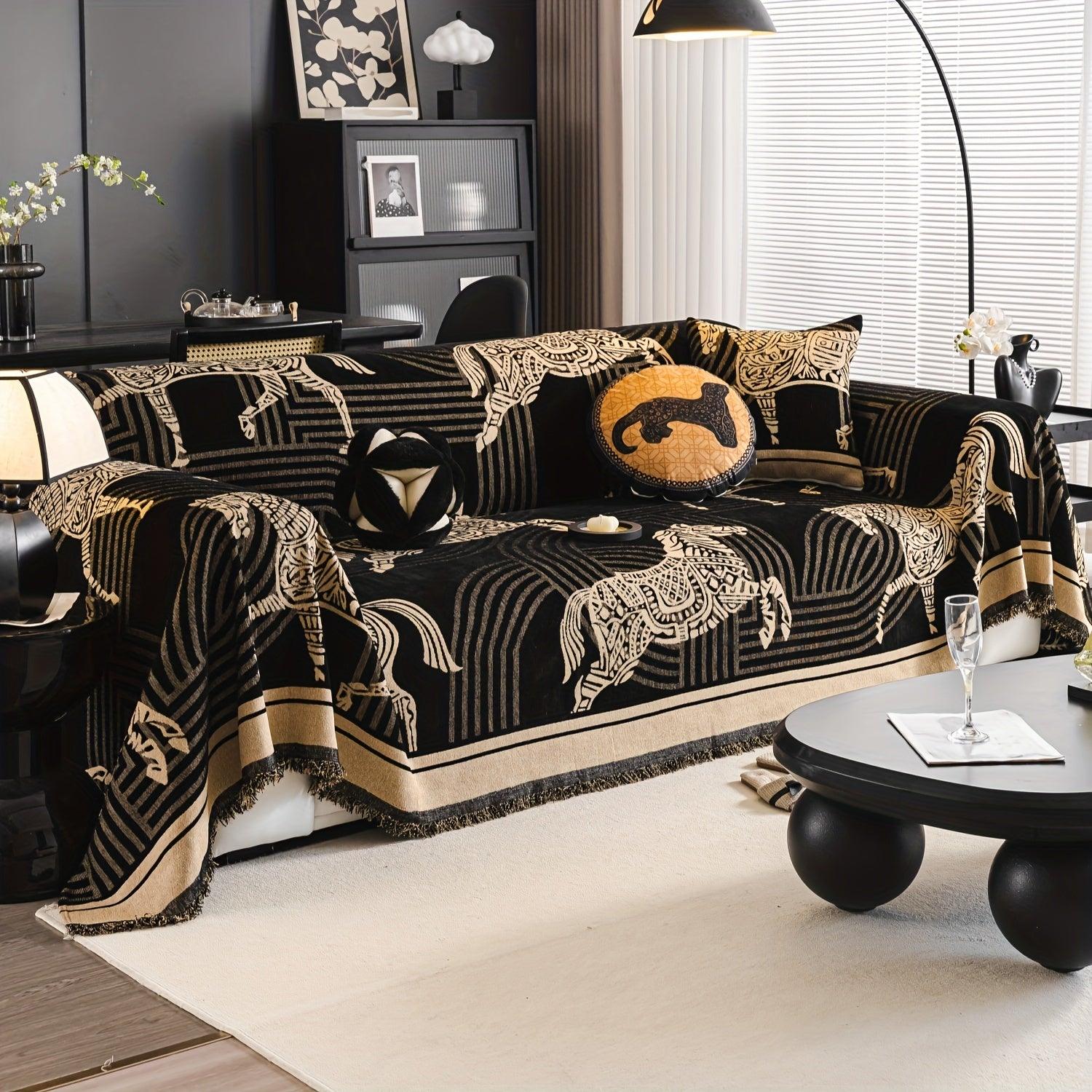Luxurious Chenille Horse Design Sofa Cover Decor in Orange & Green