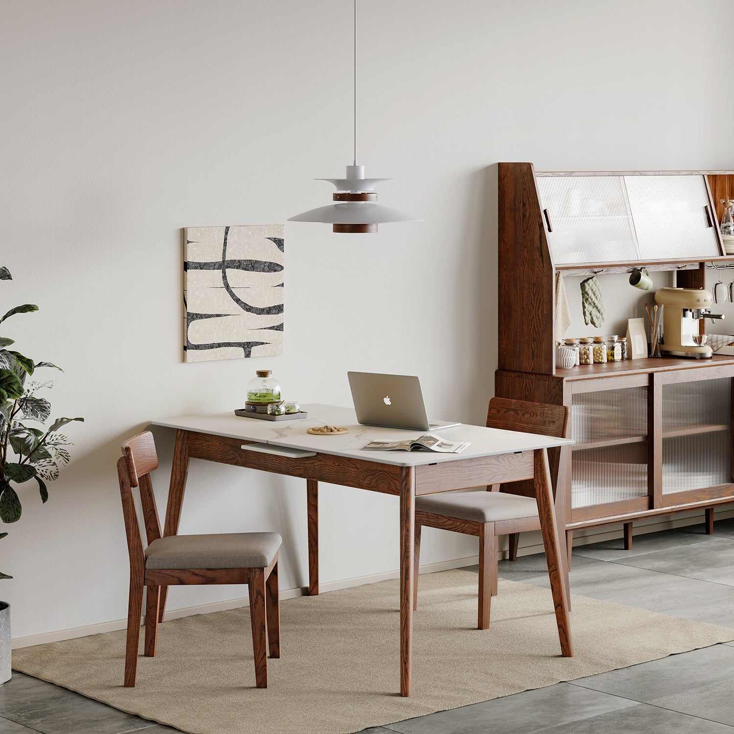 Walnut Solid Oak and White Slate Telescopic Dining Table for 6-8 People, Wood (Walnut Color)