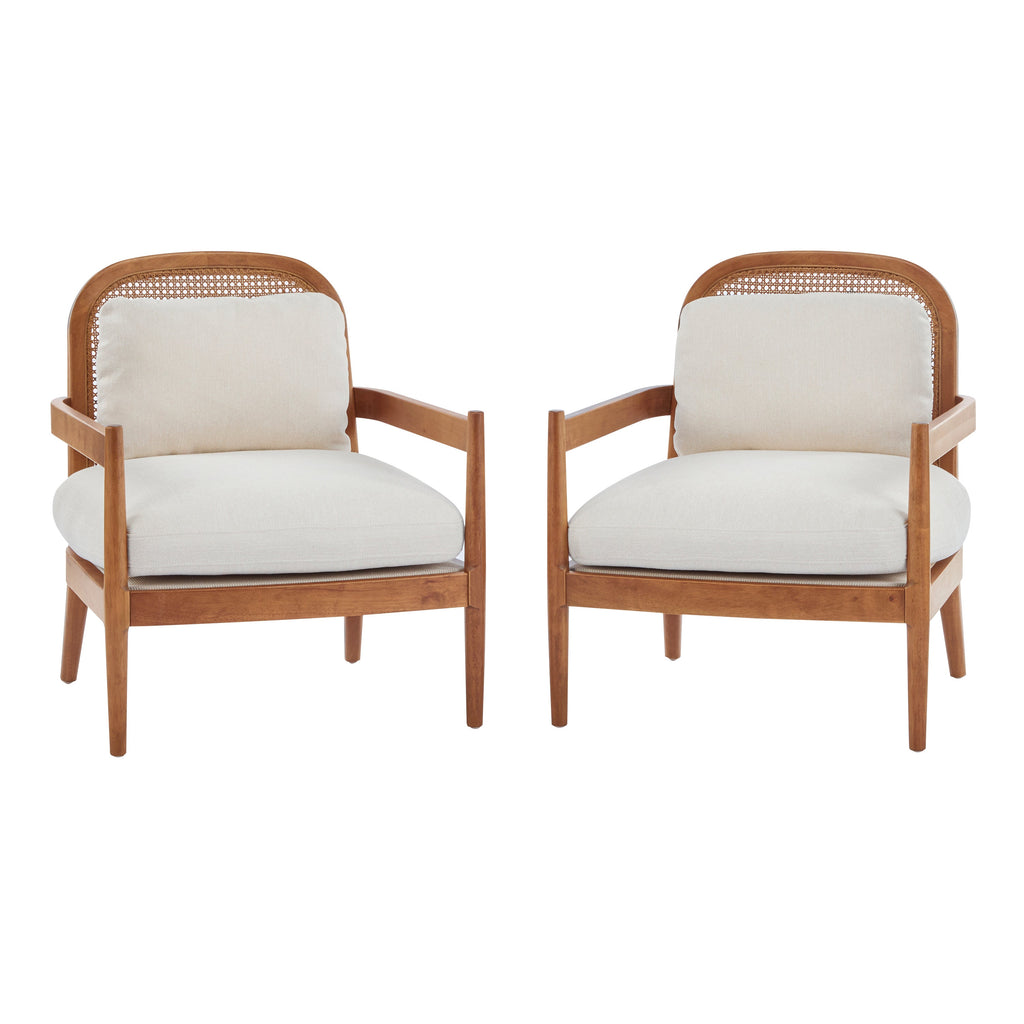 [Set of 2] 26.6' Mid-Century Modern Accent Chair with Light Brown Finish Solid Wood Frame and Rattan Backrest, Beige Cushion, Comfy Armchairs for Living Room, Bedroom, Reading Nook