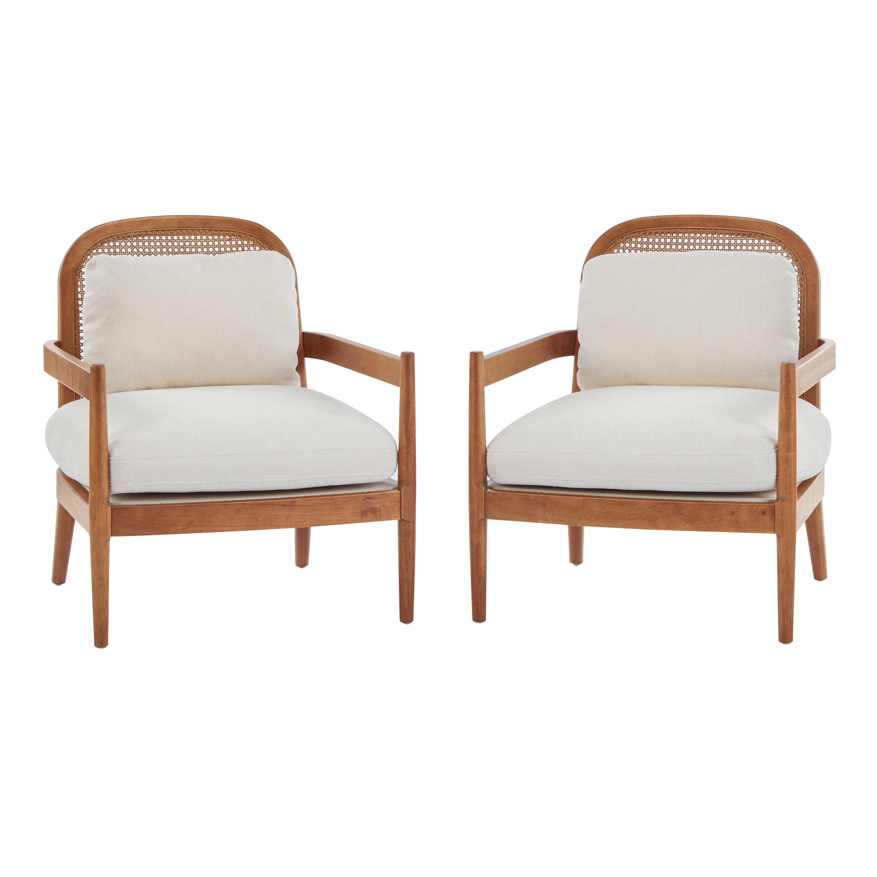 [Set of 2] 26.6' Mid-Century Modern Accent Chair with Light Brown Finish Solid Wood Frame and Rattan Backrest, Beige Cushion, Comfy Armchairs for Living Room, Bedroom, Reading Nook
