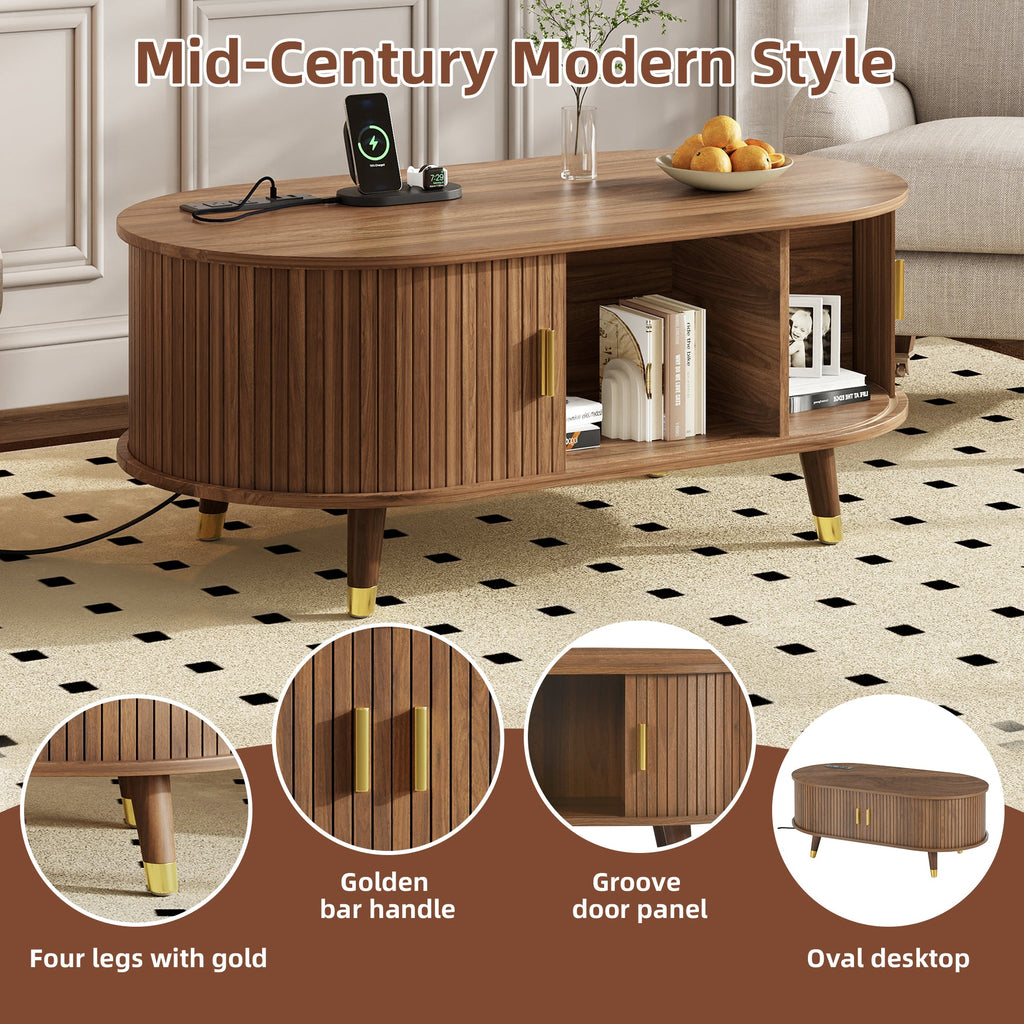 Wooden Farmhouse TV Stand & Coffee Table Set with Charging Station, Oval Fluted Media Console with Sliding Doors for TVs up to 80', Mid-Century Center Table with Solid Wood Legs for Living Room,Walnut