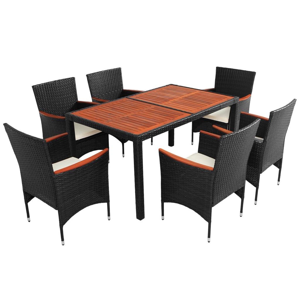 7-Piece Outdoor Patio Dining Set, Garden PE Rattan Wicker Dining Table and Chairs Set, Acacia Wood Tabletop, Stackable Armrest Chairs with Cushions, Reddish-brown