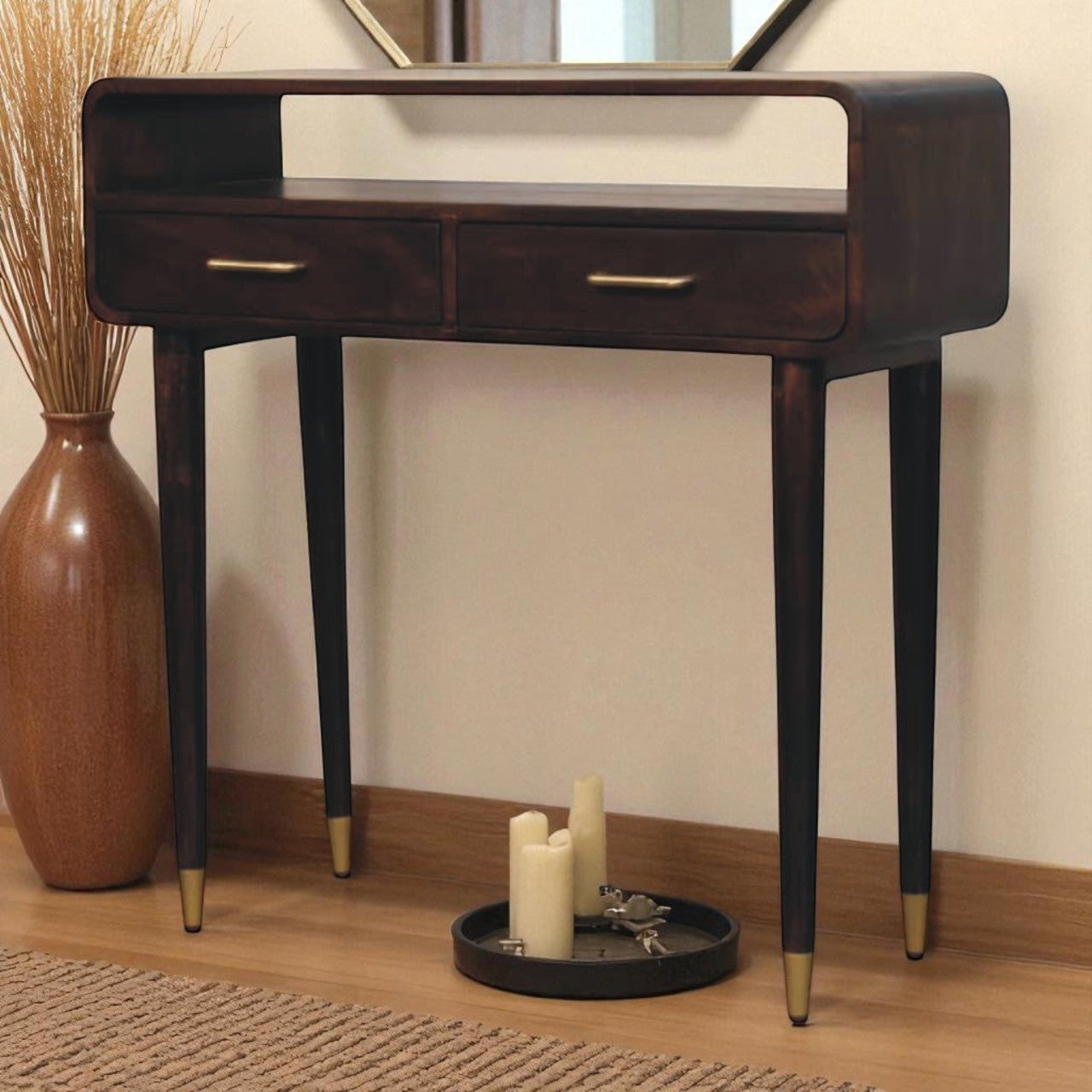 Solid Wood Apollo Loop Console Desk,Brown with 2-Drawers,1-shelf