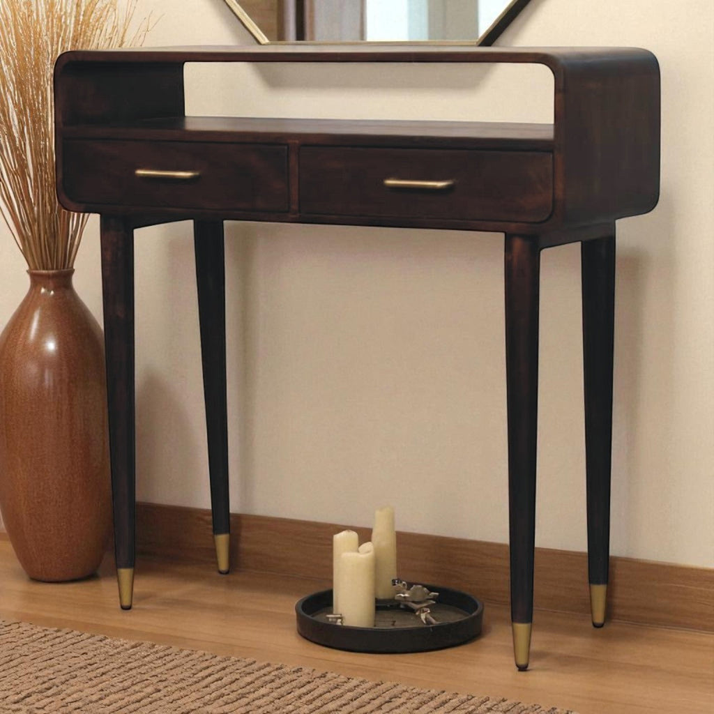 Solid Wood Apollo Loop Console Desk,Brown with 2-Drawers,1-shelf