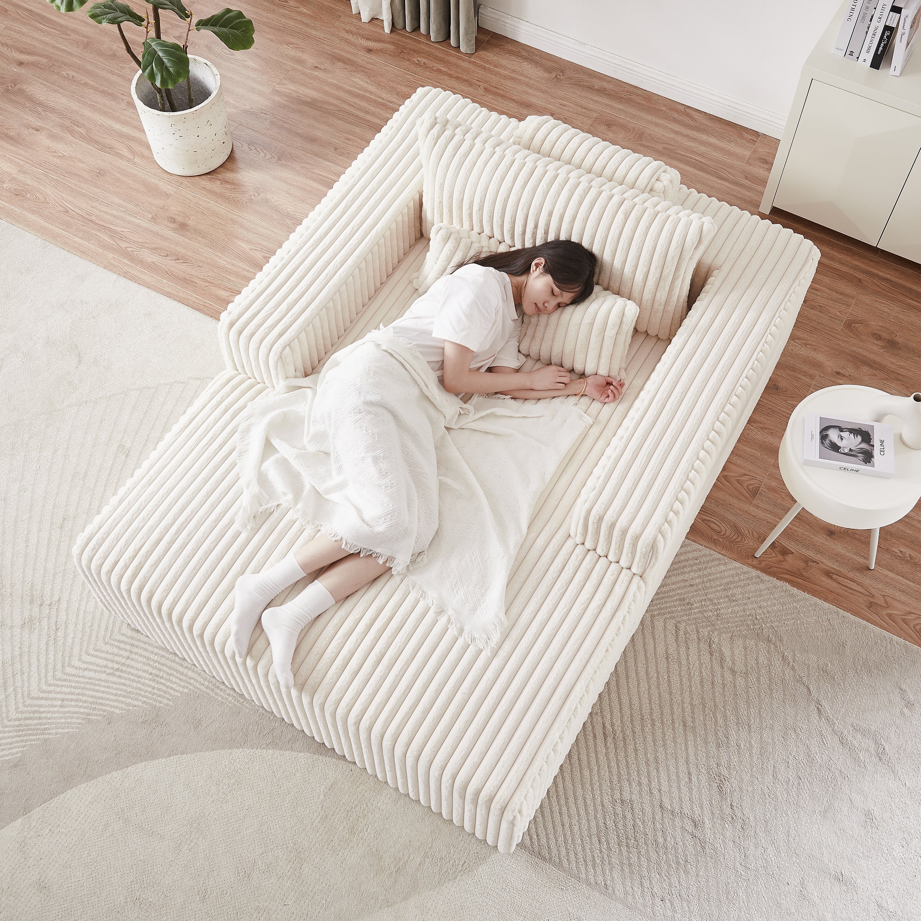 75-Inch Corduroy Sponge Sofa Lounge Chair,No Assembly Required,Fluffy Modern Sleeper Chair for Indoor Living Room Bedroom