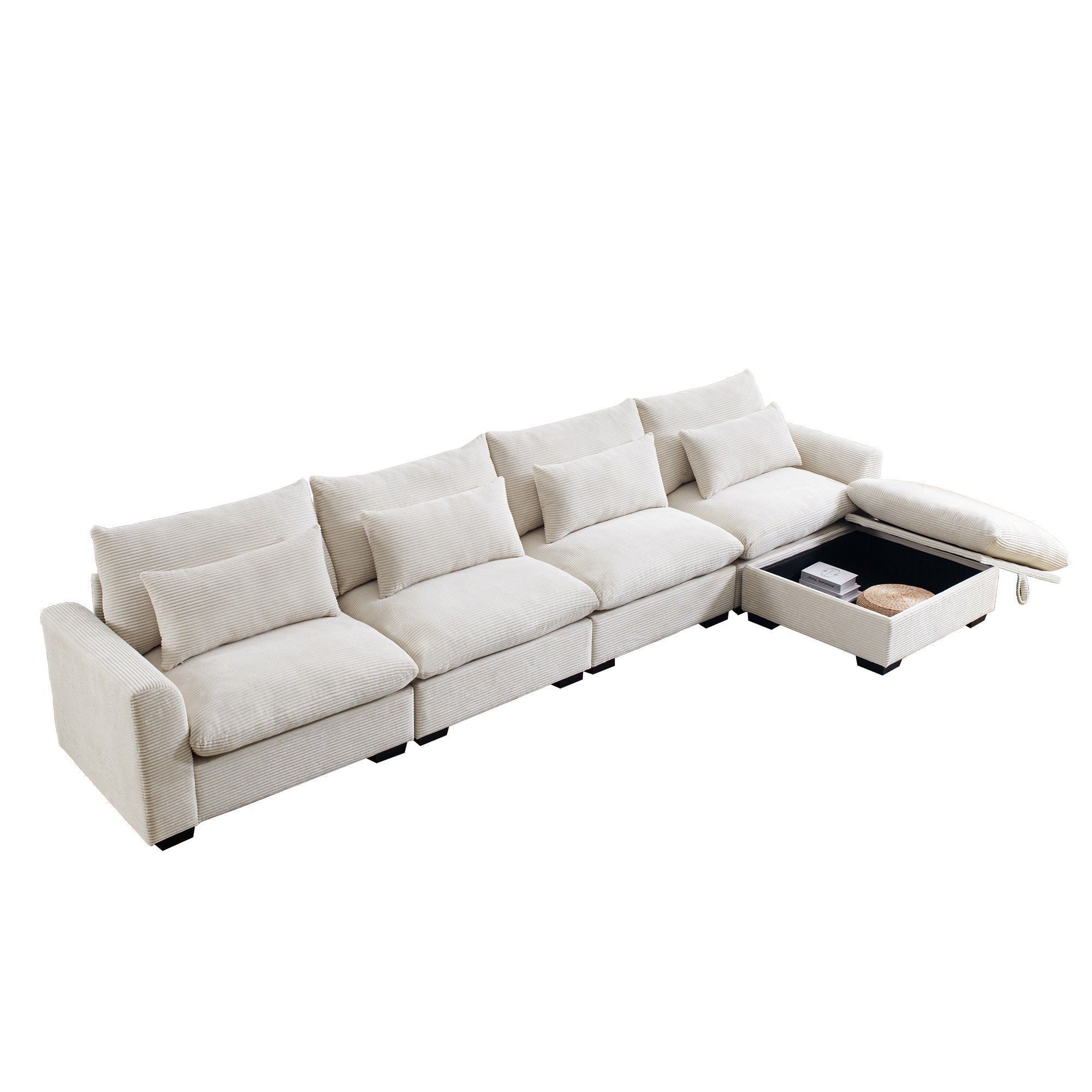 Large L Shape Sectional Corduroy Sofa,Deep Seat Couch with Storage Footstool and 4 Waist Pillows,Beige