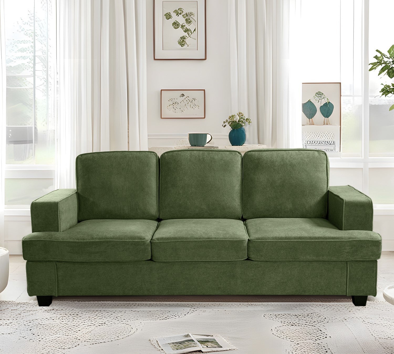 Modern Velvet Sofa, Comfortable 3 Seater Couch with Deep Seating and High-Density Foam, Loose Back Cushions, Wide Arms, Living Room Furniture for Home, Apartment, Office, Green