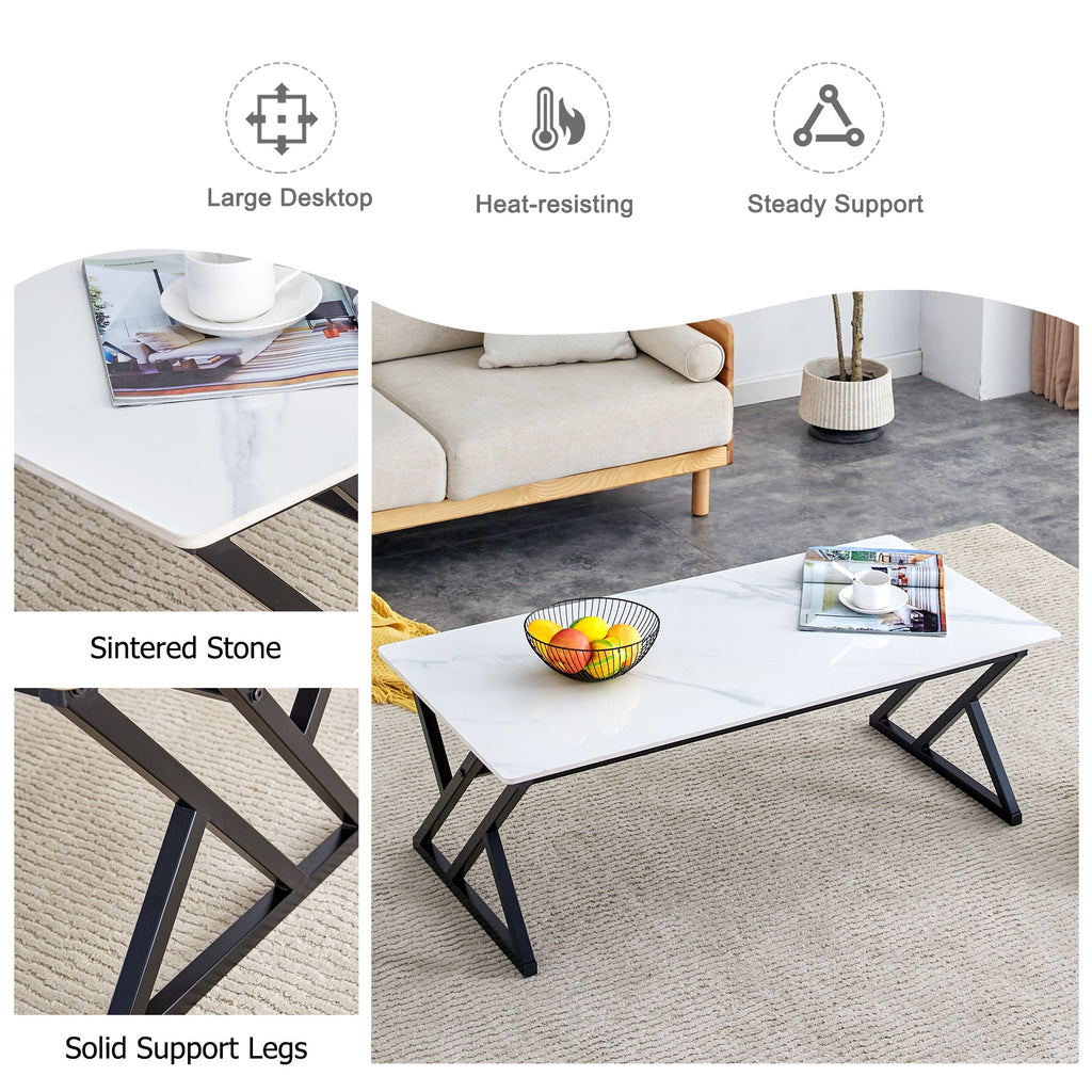 A coffee table made of rock slab material, with a smooth and natural surface that complements the modern design of the black metal legs, making it suitable for living rooms of all sizes.47*23.6