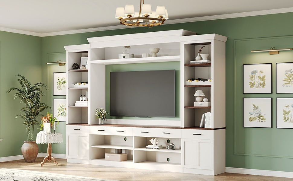 ON-TREND Farmhouse 4-Piece Entertainment Wall Unit Set with Bookshelf for TVs Up to 70', Walnut TV Stand with Adjustable Shelves, Mid-Century Large Media Console with Wine Rack for Living Room, White