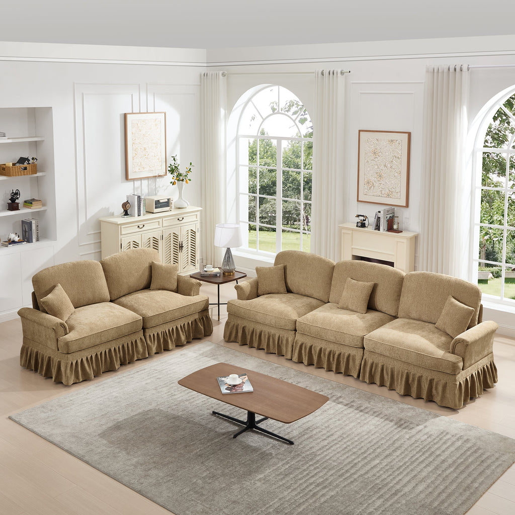 Classic 2 Piece Modular Couch Living Room Sofa Set with Flared Arms and Removable Ruffles Pleats Skirts and Spindle Legs, 3 Seater Sofa + 2-Seat Loveseat Sofa Sets for Living Room, Light Coffee