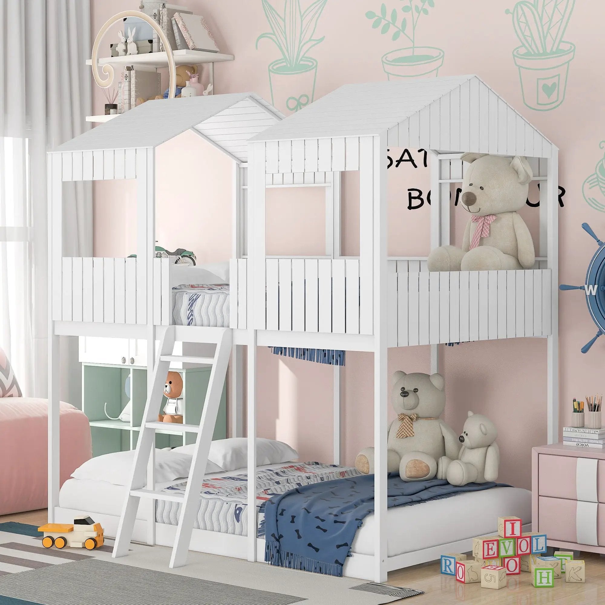 Bunk Bed With Roof, Window, Guardrail, Ladder