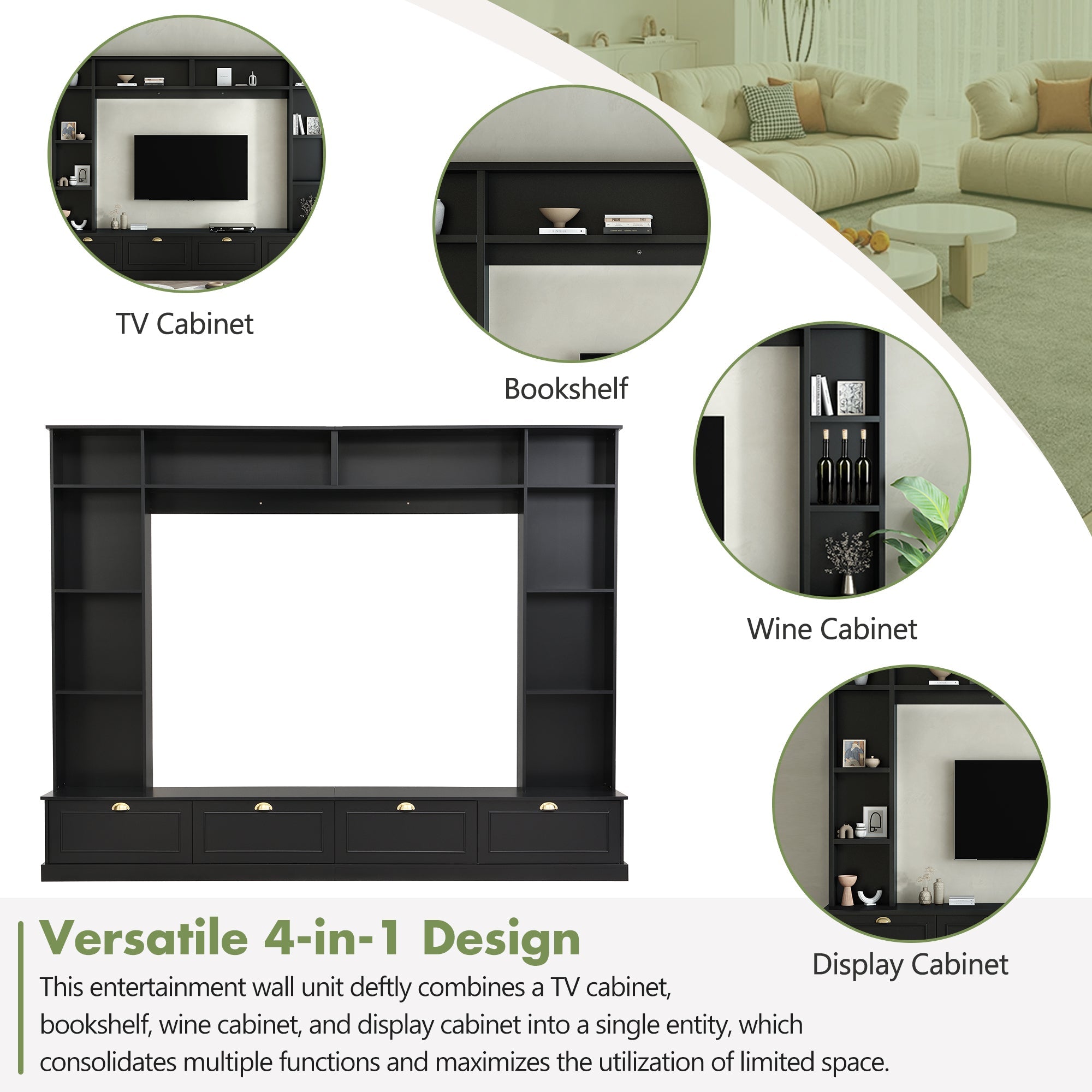 ON-TREND Large Wall Unit Entertainment Center with Bookshelves for TVs Up to 78'', Modern TV Console with Cabinets and Open Shelves, 4-in-1 TV Stand with Golden Handles, Black, 104.2''W*81.2''H