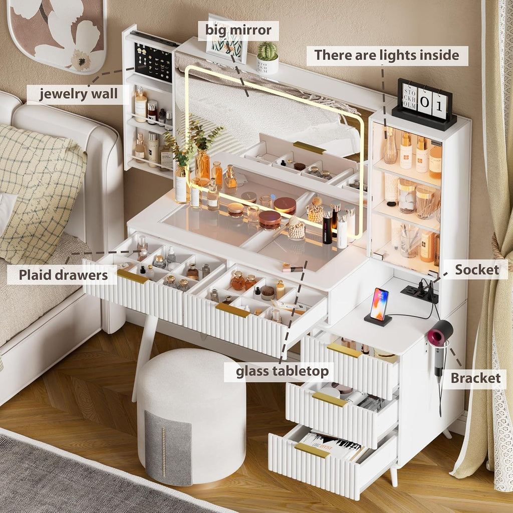 Vanity Desk with with Mirror and Lights, Makeup Vanity Table with Glass Top ,Dressing Table with Drawers, Bedroom Makeup Table for Women (White-Glass top)