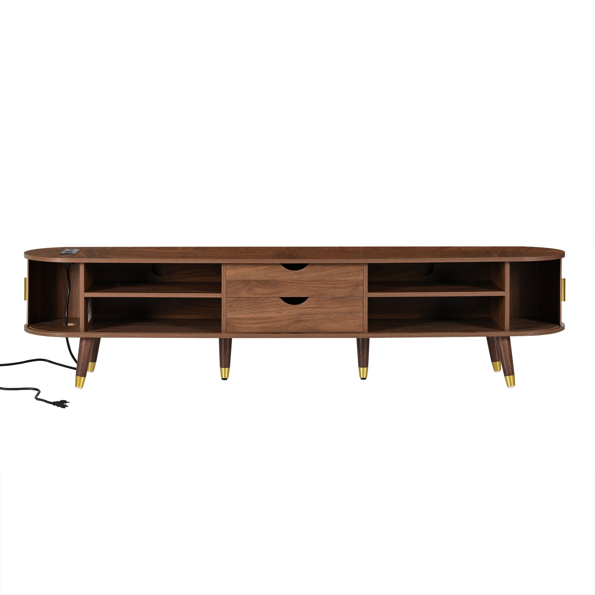 Wooden Farmhouse TV Stand & Coffee Table Set with Charging Station, Oval Fluted Media Console with Sliding Doors for TVs up to 80', Mid-Century Center Table with Solid Wood Legs for Living Room,Walnut