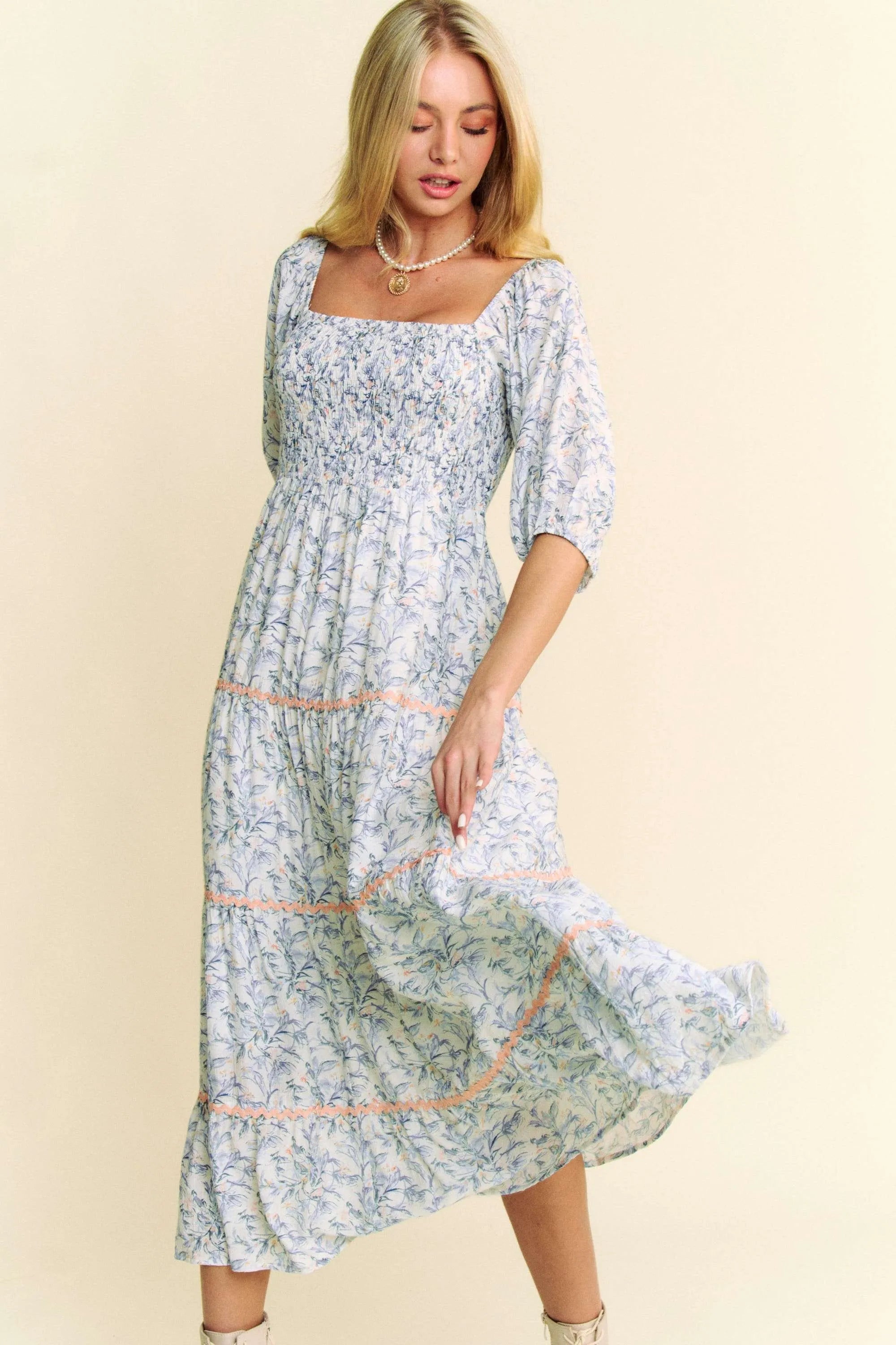 Davi & Dani Contrast Ric Smocking Bodice Tiered Midi Dress