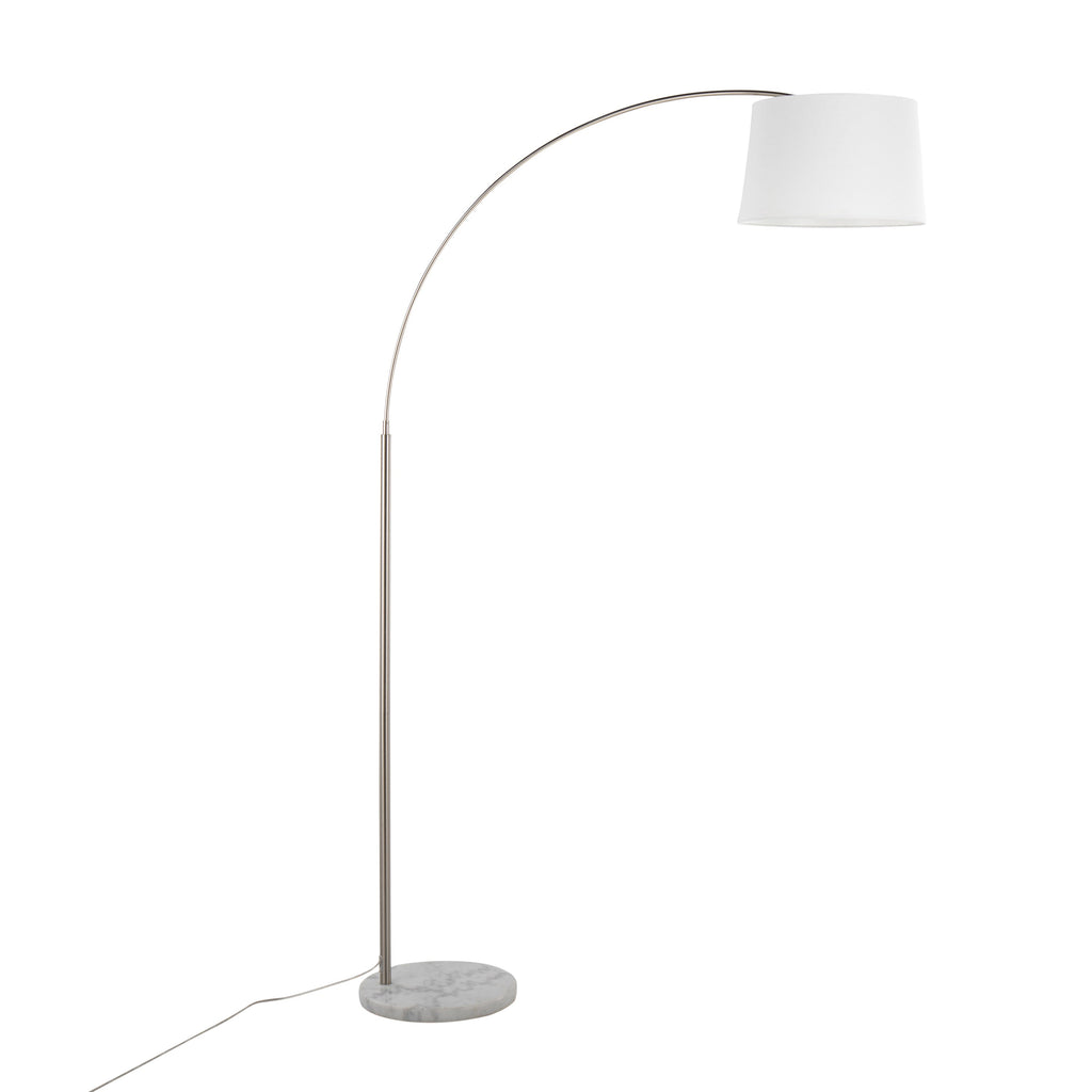 March Contemporary Floor Lamp in White Marble and Nickel with White Linen Shade by LumiSource