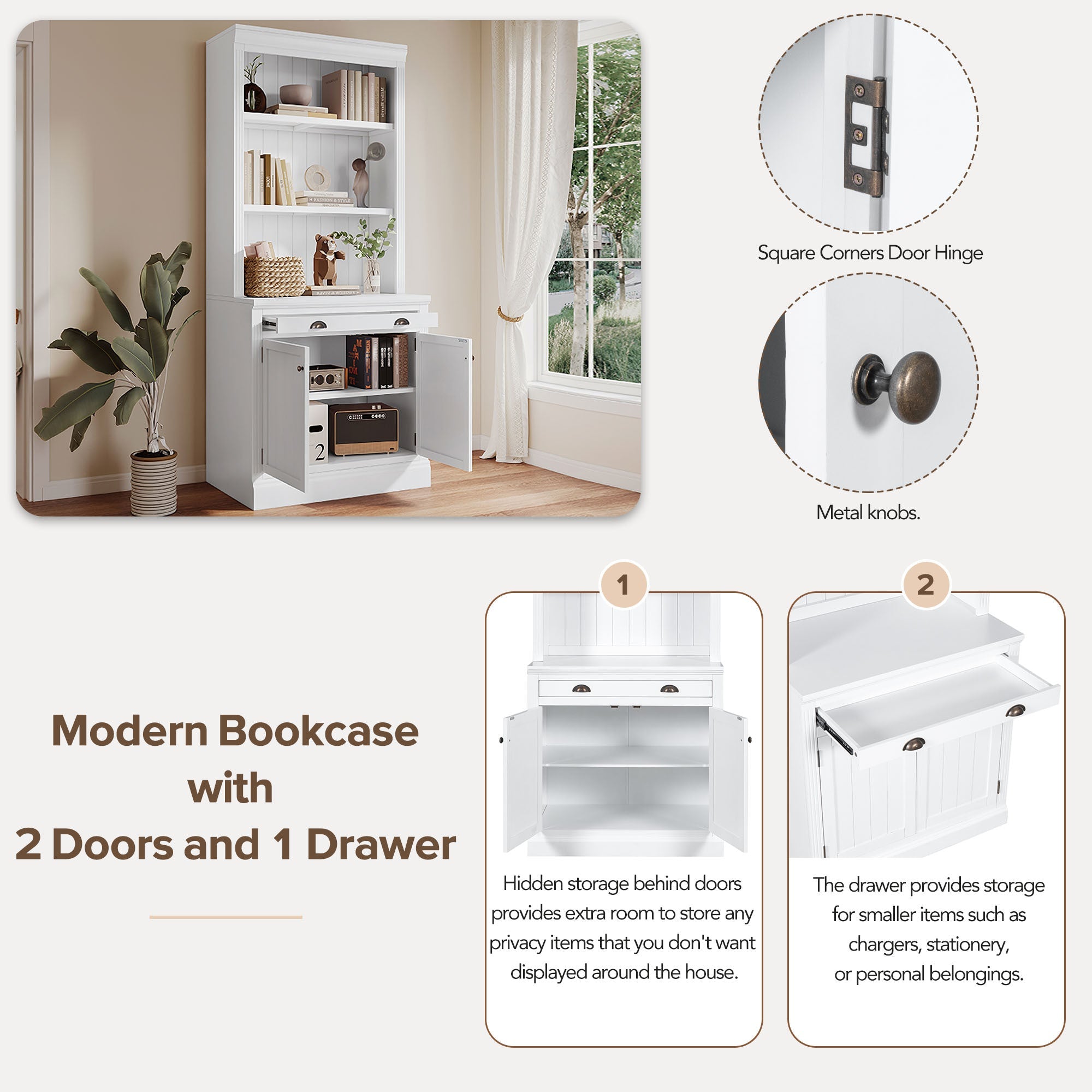 83.4"Tall Bookshelf Suite, Modern Bookcase Suite with LED Lighting,Doors and Drawers,2-Piece Set Storage Bookcase with Open Shelves for Living Room,Home Office,White