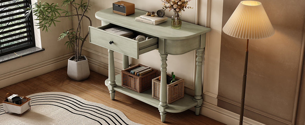 TREXM Narrow Console Table with Curved Corner, Retro Entryway Table with Top Drawer and Open Shelf, Sofa Table Console Tables for Entryway, Hallway and Living Room (Gray)