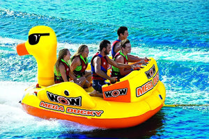 WOW Mega Ducky 5-Person Towable raft, bright yellow with orange front, five riders wearing life jackets.