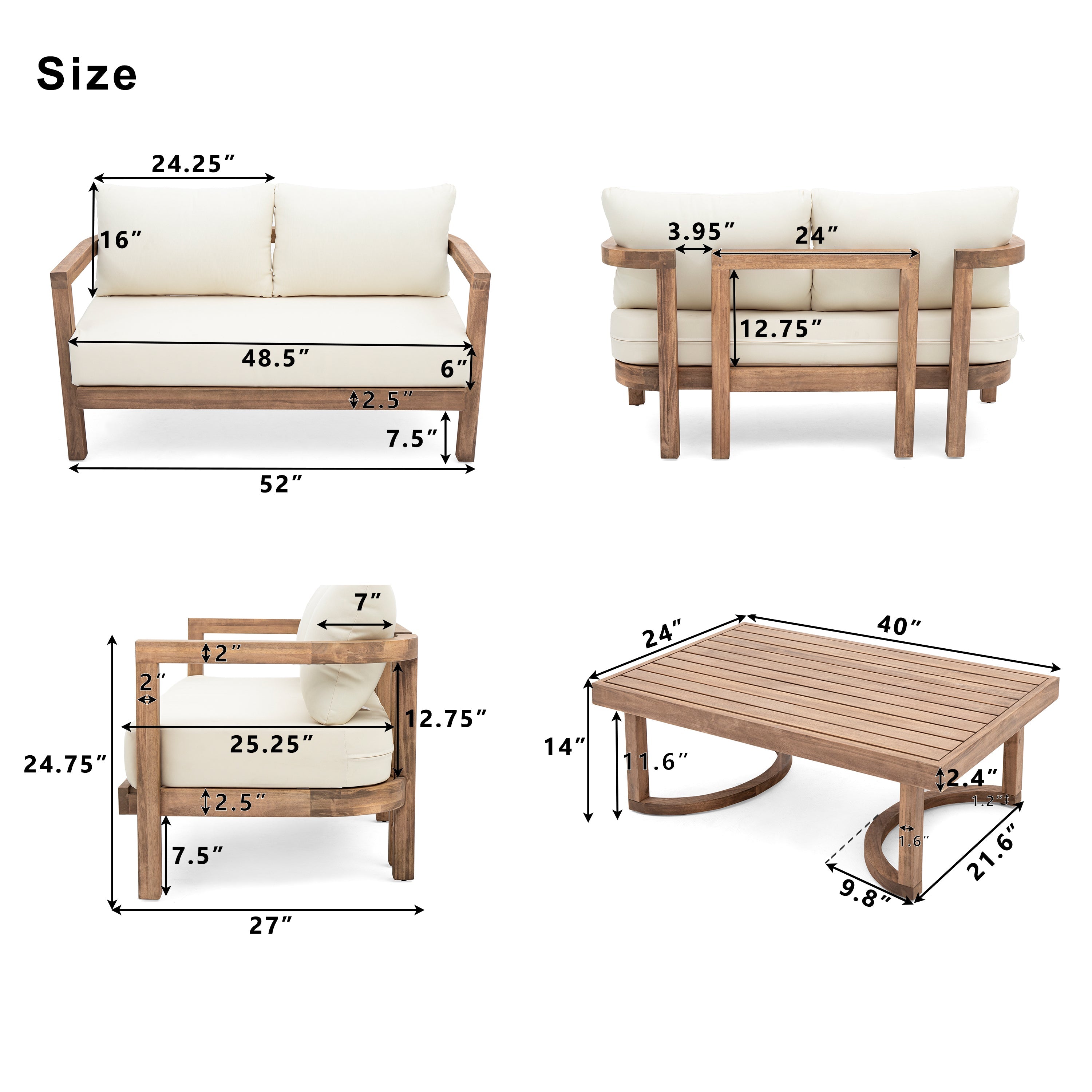 5-Pieces Acacia Wood Patio Furniture Set, Outdoor Furniture with Coffee Table, Patio Conversation Set Deep Seating with Soft Cushion, Porch Chairs for Garden, Backyard Porch Balcony, Brown wash, Beige