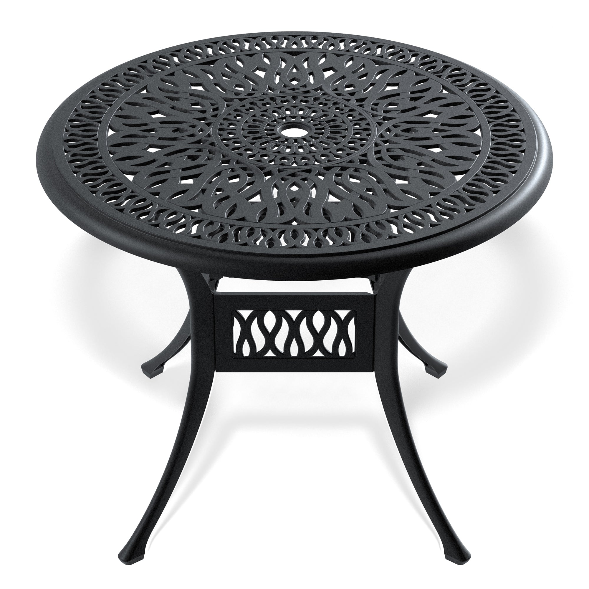 Ø35.43-inch Cast Aluminum Patio Dining Table With Black Frame and Umbrella Hole