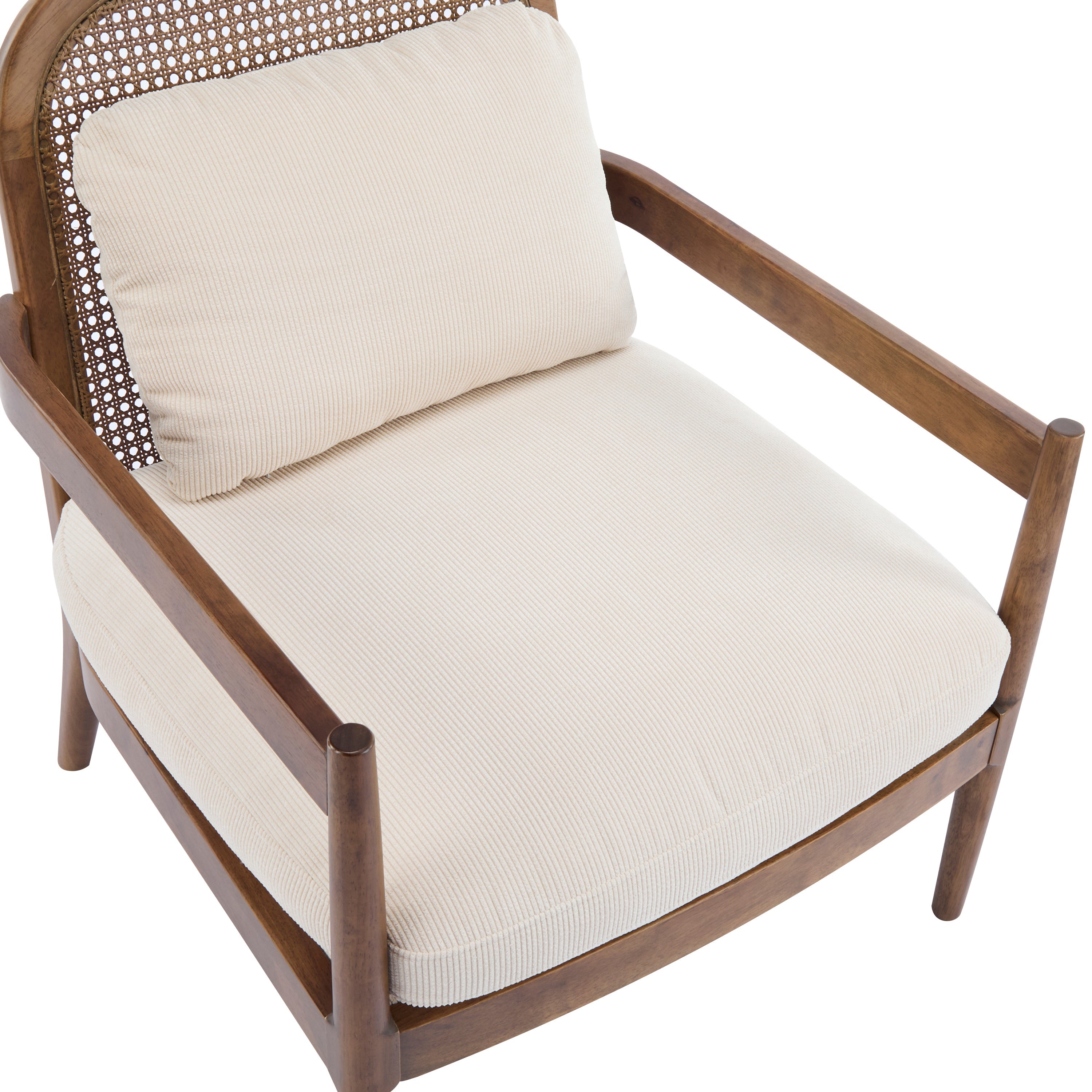 [Set of 2] 26.6' Mid-Century Modern Accent Chair with Light Brown Finish Solid Wood Frame and Rattan Backrest, Beige Cushion with Striped Fabric, Comfy Armchairs for Living Room, Bedroom, Reading Nook