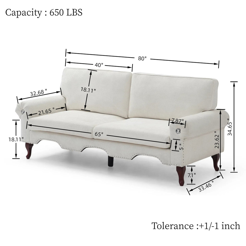 80-Inch Modern Velvet 3 seat Sofa with Wooden Legs & Crystal button and Copper Nail, Tufted Backrest, Perfect for Living Room, Bedroom, or Office (Beige)