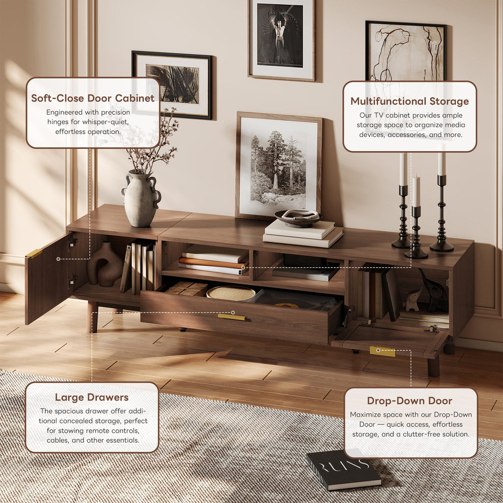Wood Fashionable TV Stand for 75' TVs, TV Cabinet with Soft-Closing Door and Drop-Down Door Cabinet, Modern TV Consoles for Living Room, Bedroom