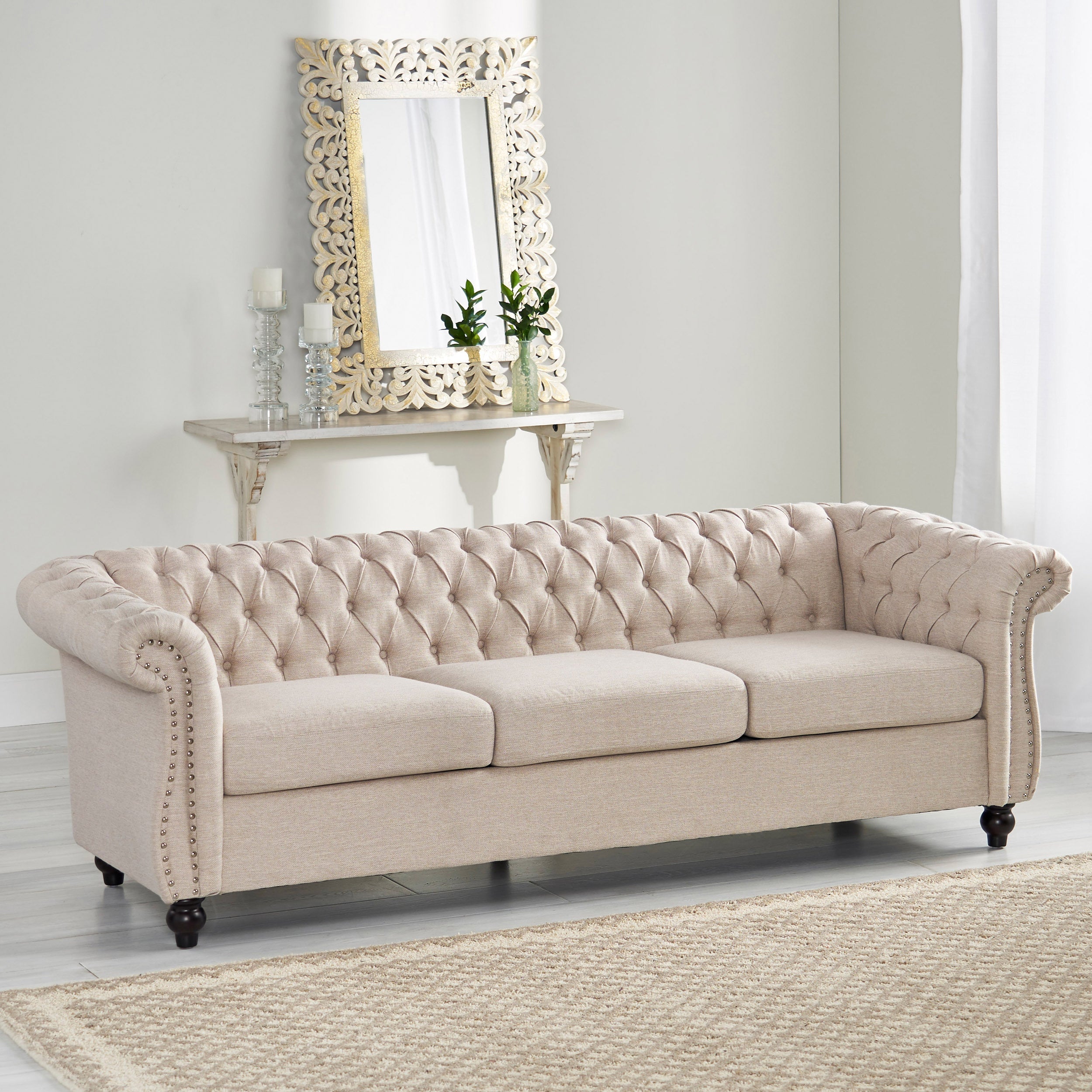 Chesterfield Style 3-Seater Sofa with Deep Button Tufting in Beige Fabric