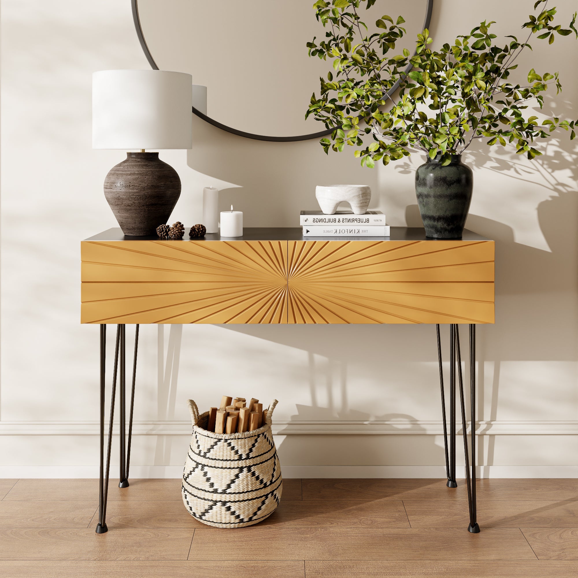 Mordern Farmhouse Wood 39.4' Console Table -  Black & Gold with 2 Drawers and Storage for Entryway