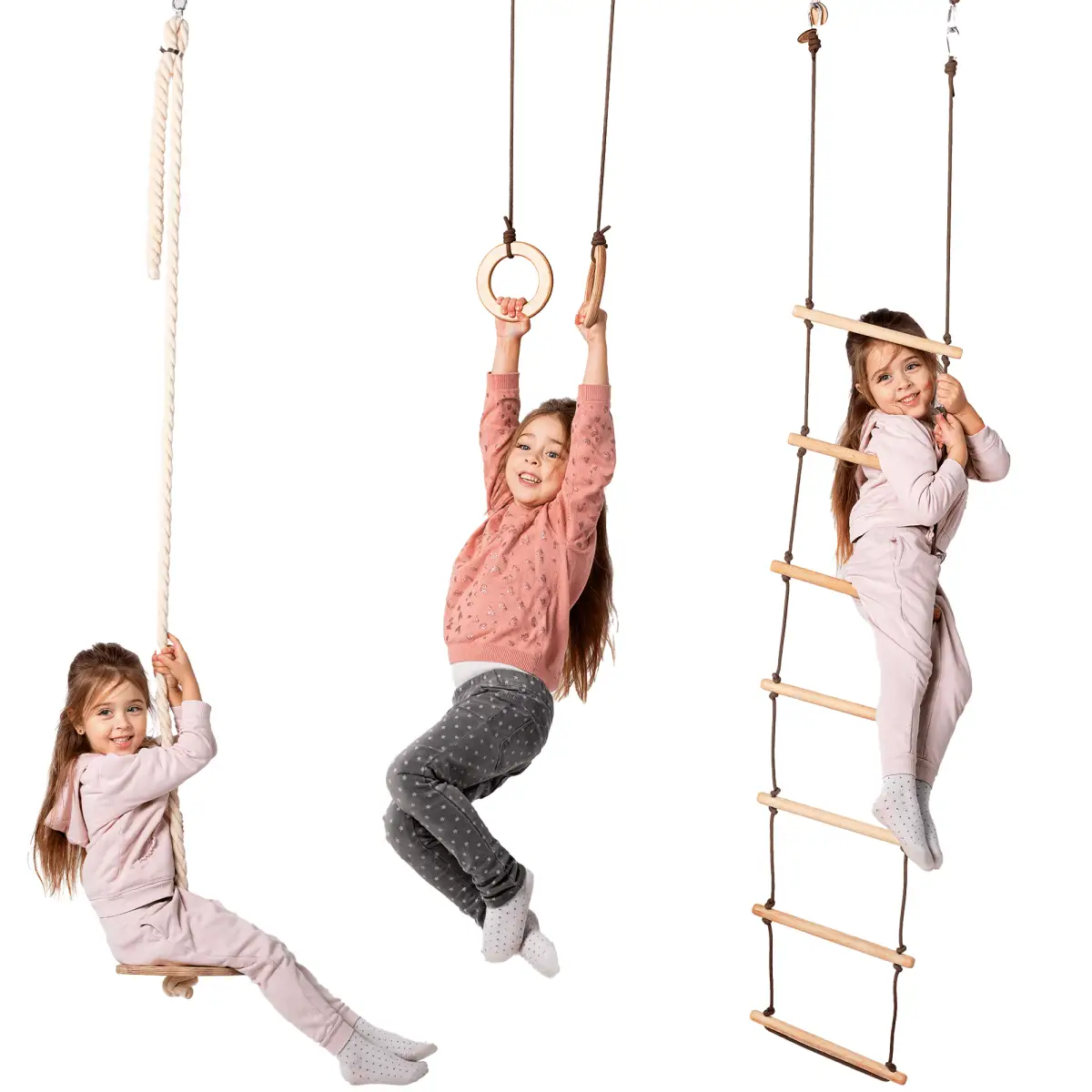 3in1 Swing Set with rope ladder, gym rings and disc swing; kids enjoy climbing and swinging