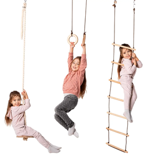 3in1 Swing Set with rope ladder, gym rings and disc swing; kids enjoy climbing and swinging