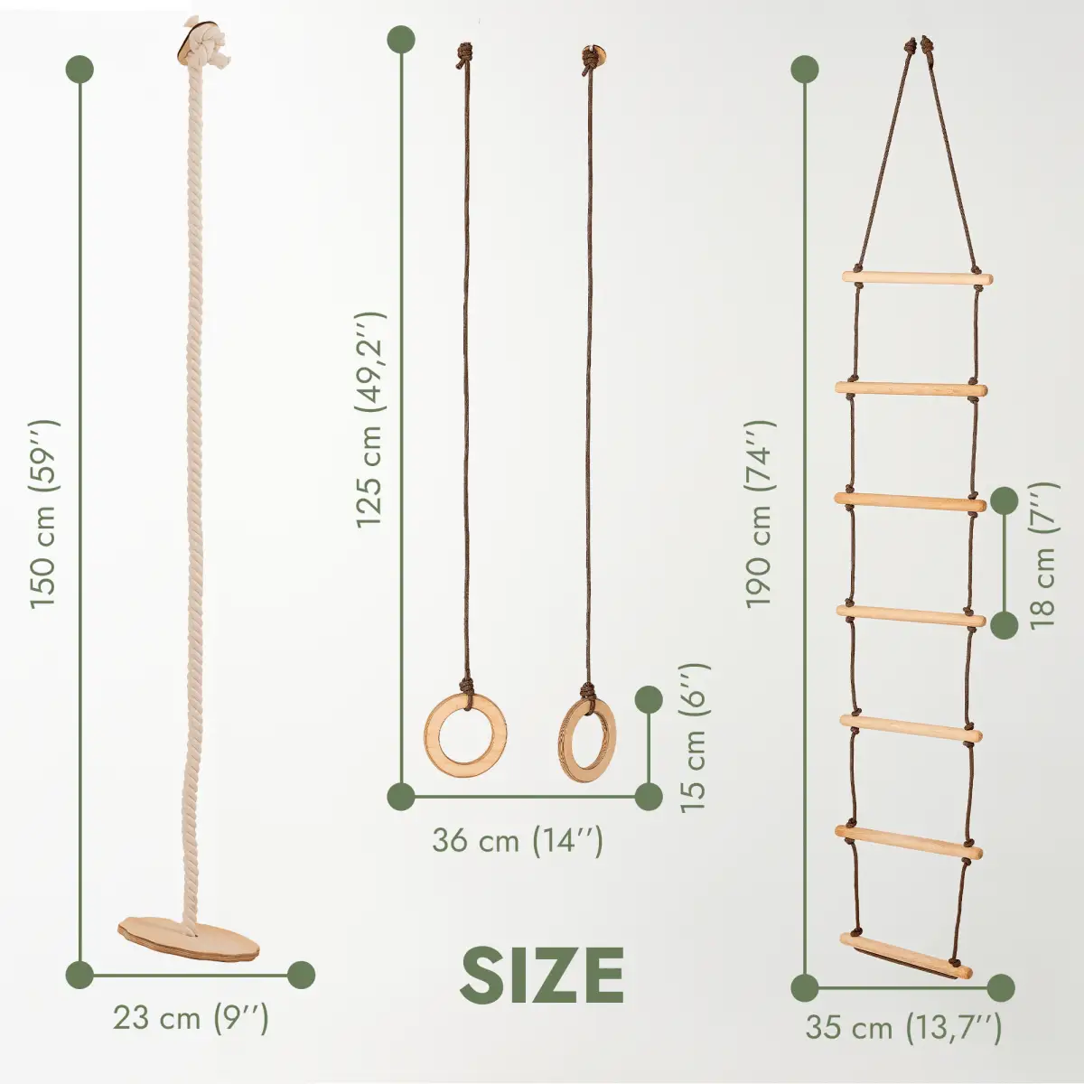 Goodevas 3in1 Swing Set, a 3-piece with rope ladder, gym rings and disc swing, natural wood rungs and brown rope
