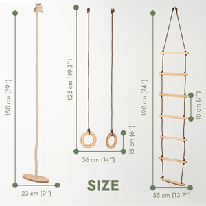 Goodevas 3in1 Swing Set, a 3-piece with rope ladder, gym rings and disc swing, natural wood rungs and brown rope