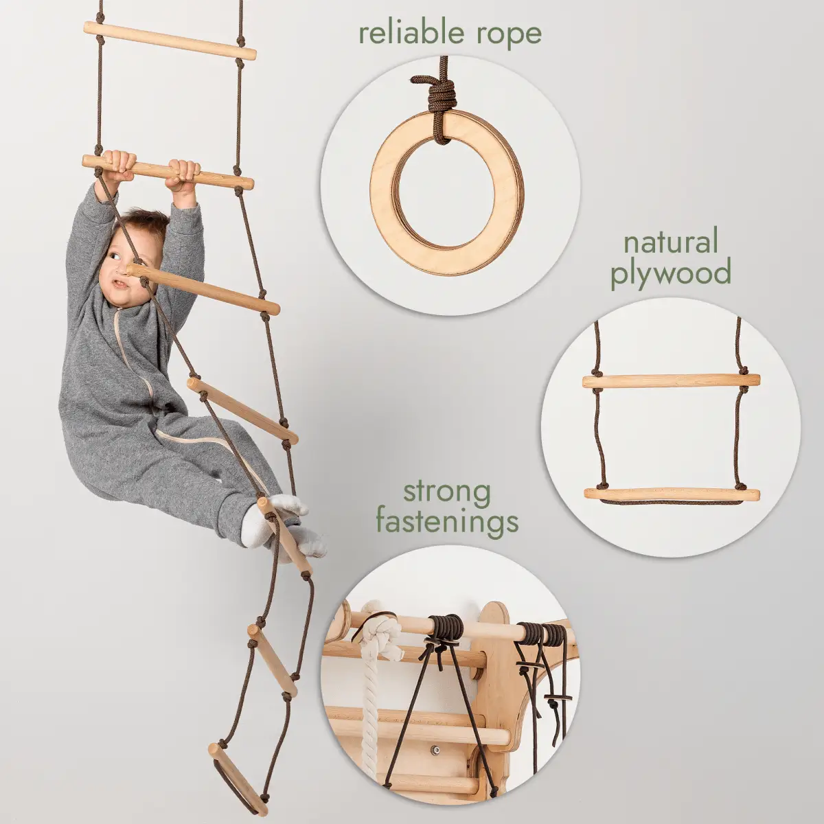 3in1 Swing Set by Goodevas with rope ladder, gym rings and disc swing; natural plywood