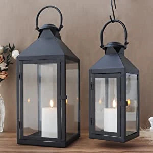 Set of 2 -17.5"&13.5"High Metal Candle Lanterns(Black)