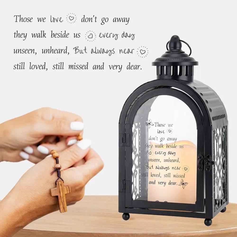 11'' High Remembrance Lantern by JHY DESIGN; black metal lantern with glass panels, memorial poem, and lit candle