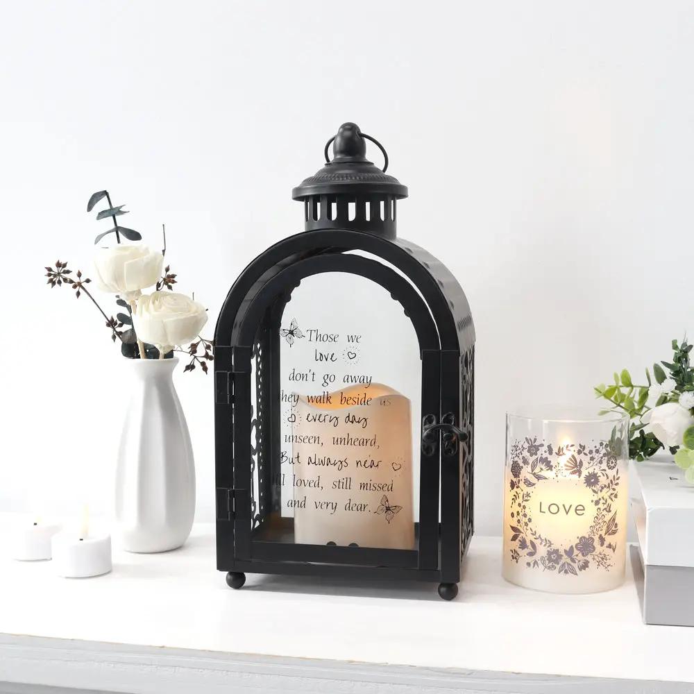 11-inch high black metal remembrance lantern with glass panel and memorial poem insert