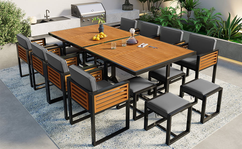 GO 18-Pieces Acacia Wood Patio Dining Set, Space Saving Outdoor Patio Set, 8 Cushioned Chairs & 8 Ottomans & 2 Square Table, for Backyard, Garden, Deck and Poolside, Gray