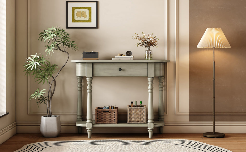 TREXM Narrow Console Table with Curved Corner, Retro Entryway Table with Top Drawer and Open Shelf, Sofa Table Console Tables for Entryway, Hallway and Living Room (Gray)