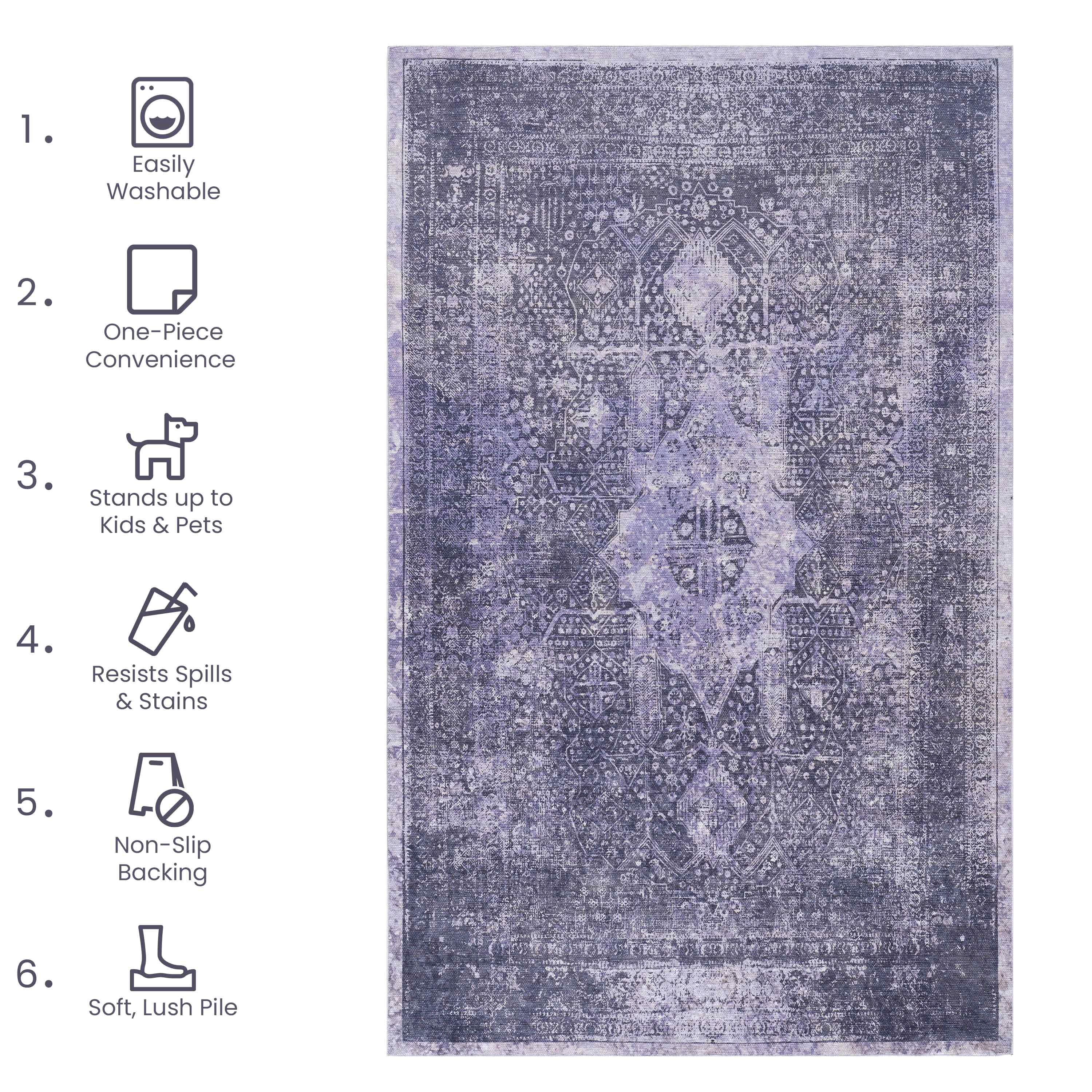 Area Rug, Washable Rug, Low-Pile, Non-Slip, Non-Shedding, Foldable, Kid & Pet Friendly - Area Rugs for living room, bedroom, kitchen, dining room rug - Perfect Gifts, (Anthracite, 2'6'' x 10')