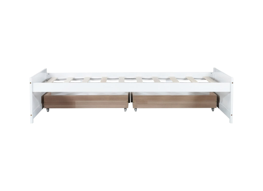 Twin Size Bed with 2 Drawers, Solid Rubber Wood Bed,White