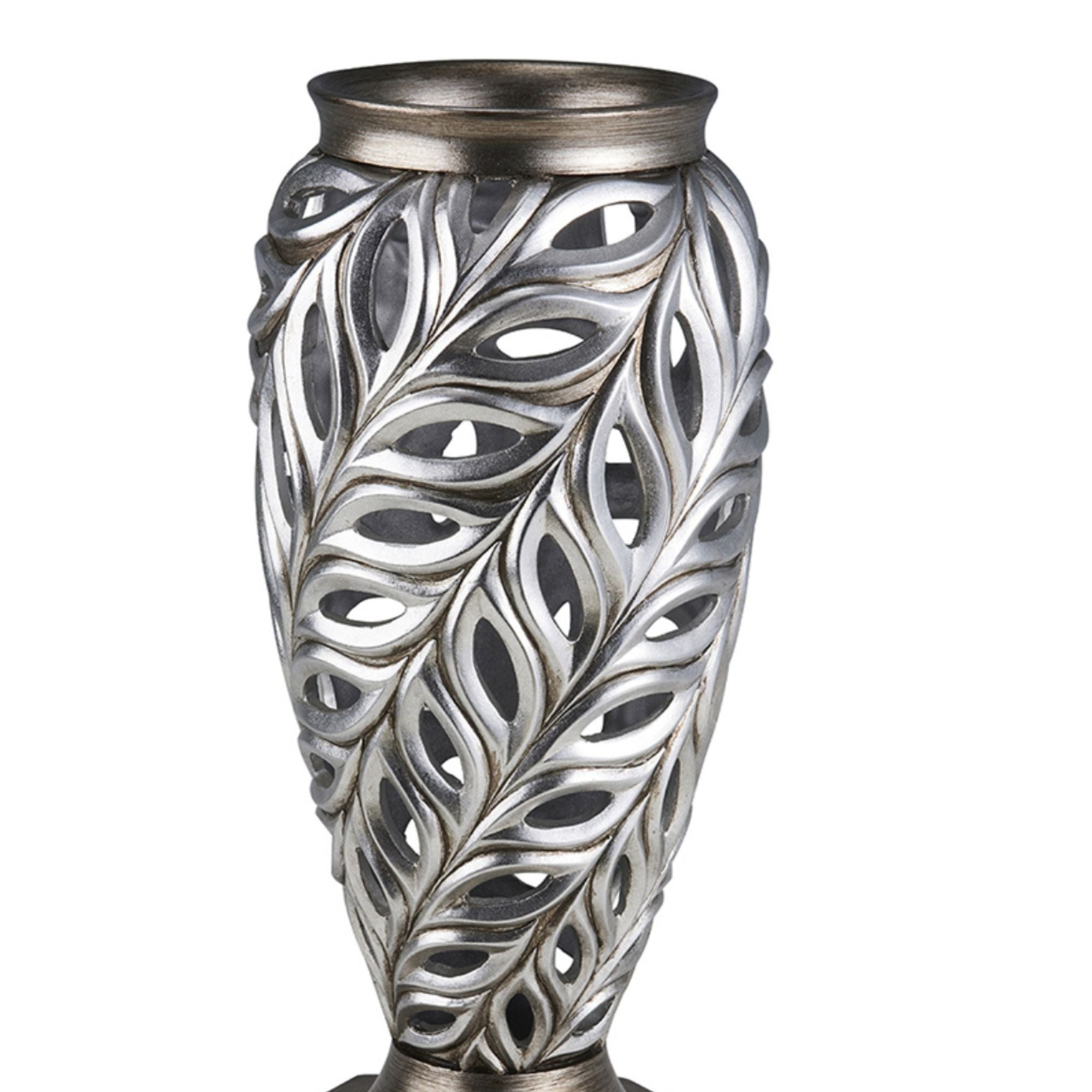 15.75" Tall Polyresin Decorative Vase "Kiara", Silver Peacock Feathers Design