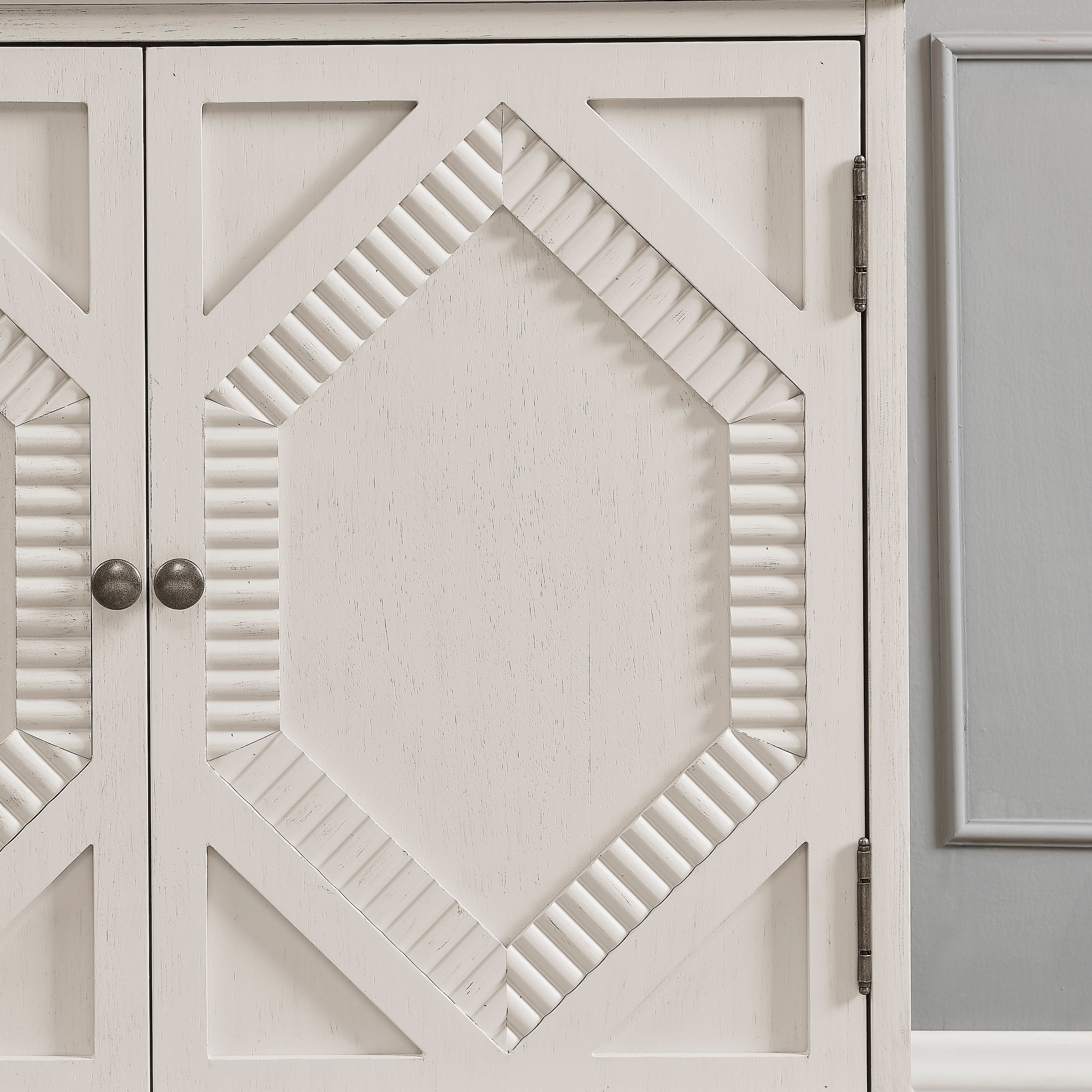 65.2' Mid Century Modern Sideboard Buffet Cabinet with Storage, Symmetrical Geometric Accent Coffee Bar Wine Bar Storage Cabinet, Large Console Table for Living Room/Entryway/Kitchen, Antique White